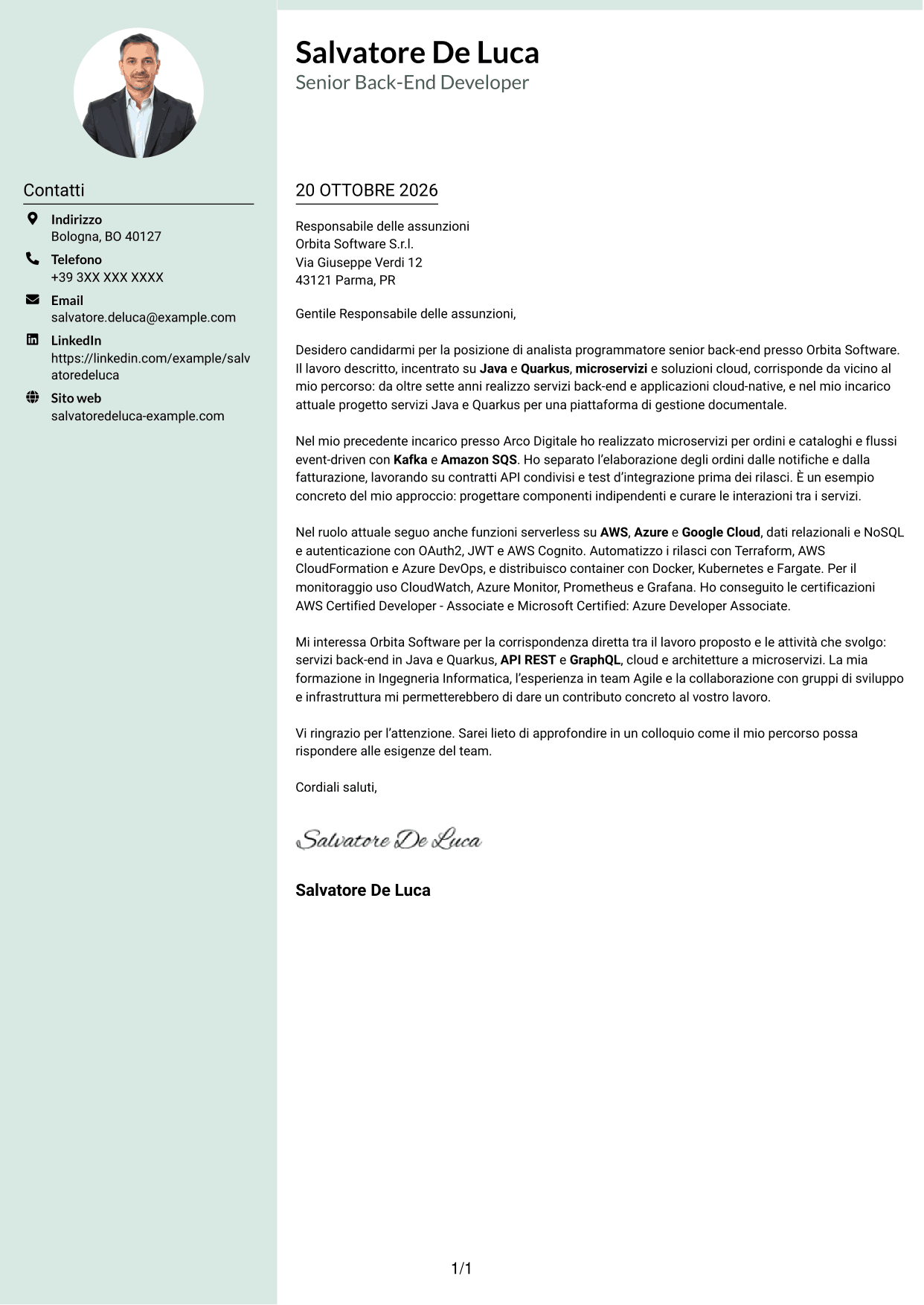 Lettera di presentazione Dirigente (formato con colonna laterale tenue e foto arrotondata): Analista programmatore senior back-end, pagina 1