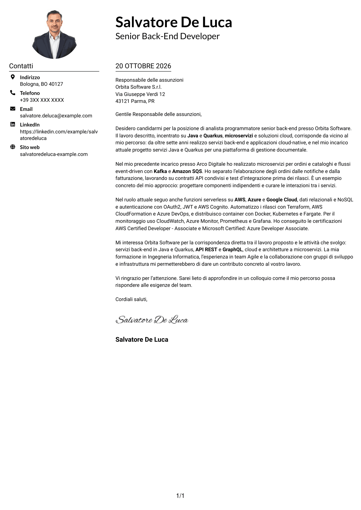 Esempio di lettera di presentazione — pagina 1