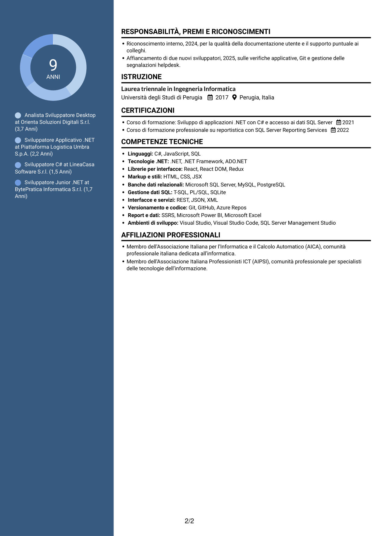 CV Elegante (formato con colonna laterale colorata e foto): Analista Sviluppatore Desktop - .NET e React, pagina 2