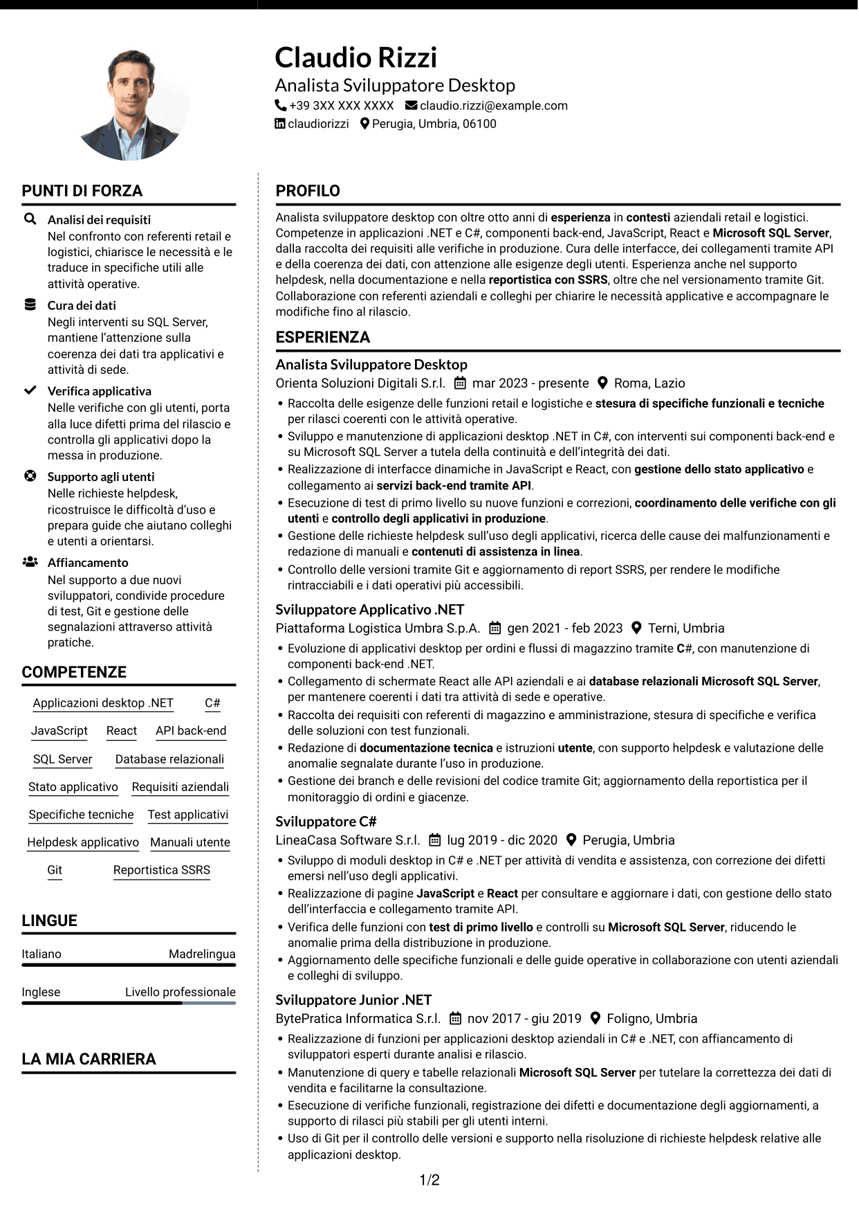 CV Moderno (formato a due colonne con foto a sinistra e separatore): Analista Sviluppatore Desktop - .NET e React, pagina 1