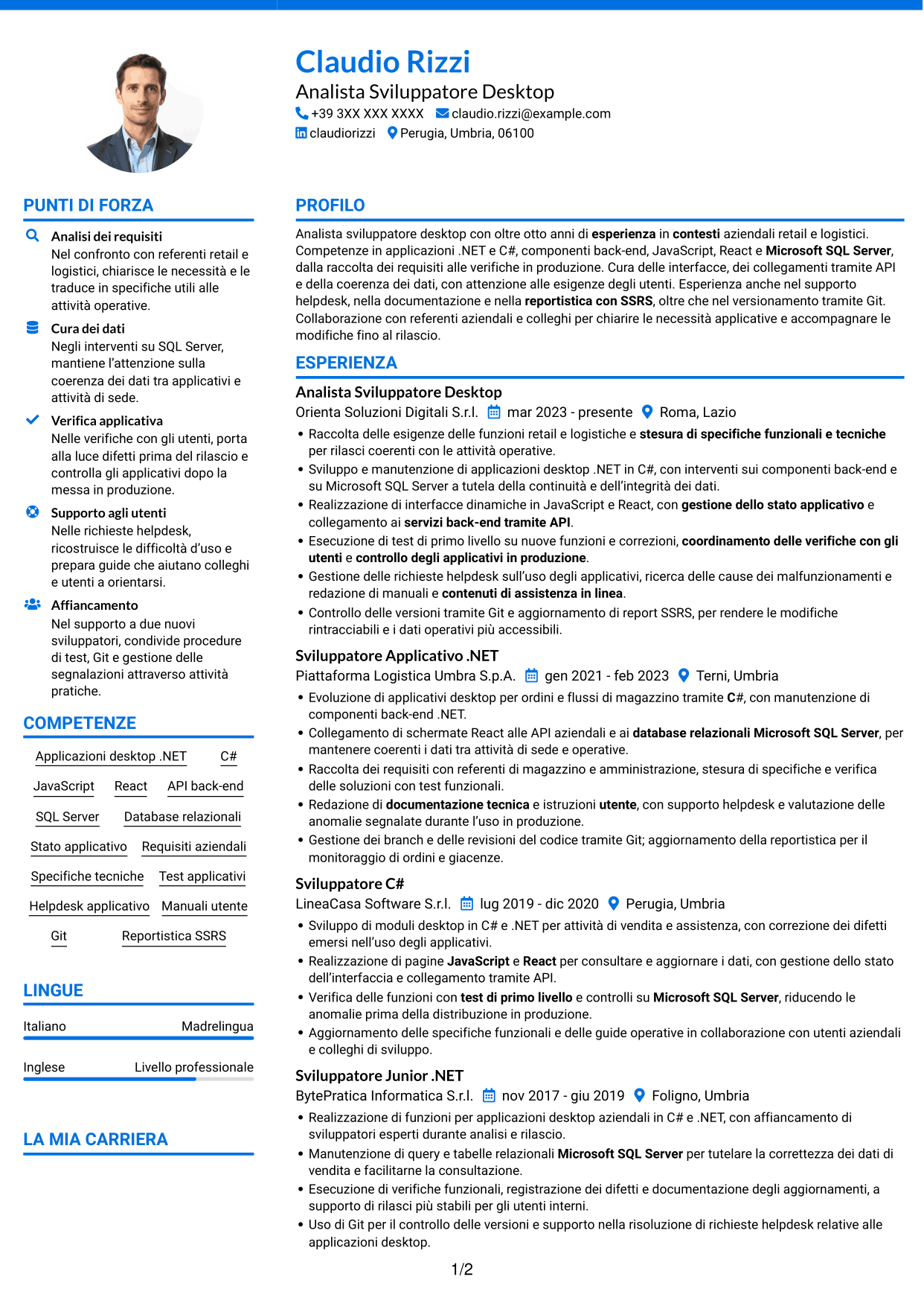 CV Audace (formato a due colonne con accenti colorati e foto): Analista Sviluppatore Desktop - .NET e React, pagina 1