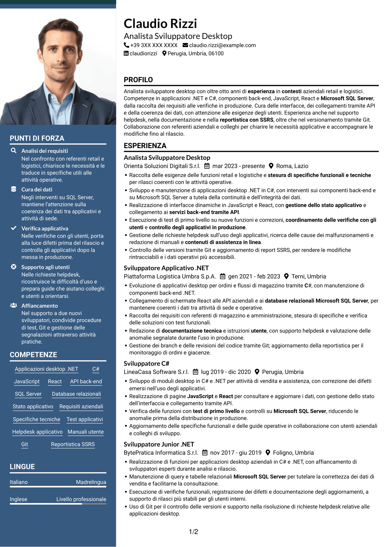 CV Signature (formato con colonna laterale colorata e foto grande): Analista Sviluppatore Desktop - .NET e React, pagina 1