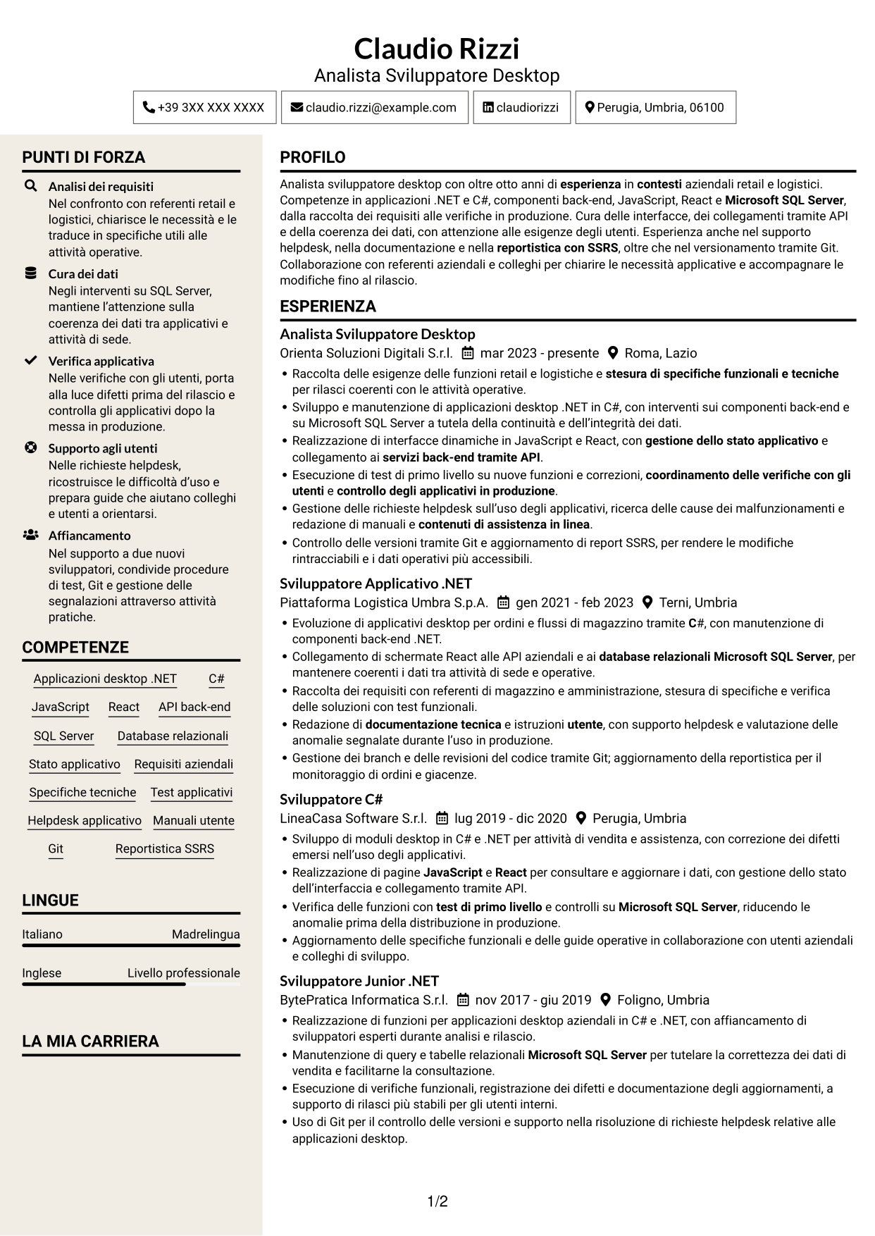 CV Intraprendente (formato a due colonne con intestazione centrata senza foto): Analista Sviluppatore Desktop - .NET e React, pagina 1