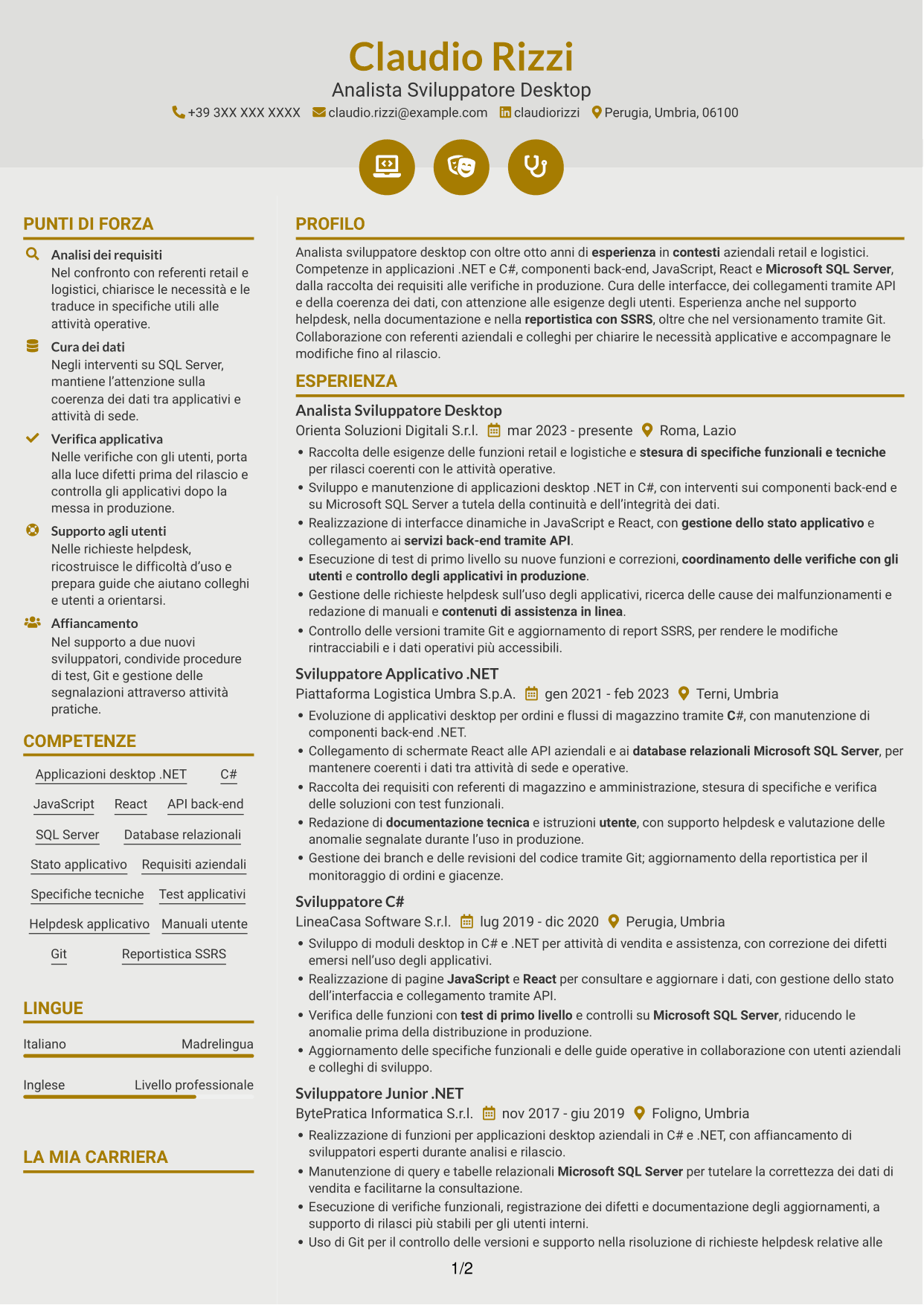 CV Dinamico (formato a due colonne con icone): Analista Sviluppatore Desktop - .NET e React, pagina 1