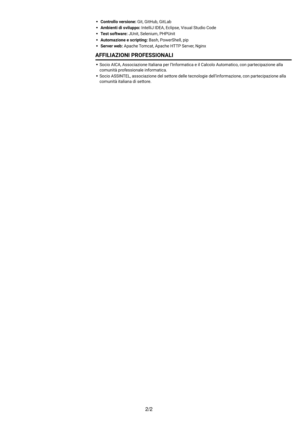 CV Compatto (formato sobrio a due colonne con foto): Analista sviluppatore informatico junior - Servizi pubblici, pagina 2