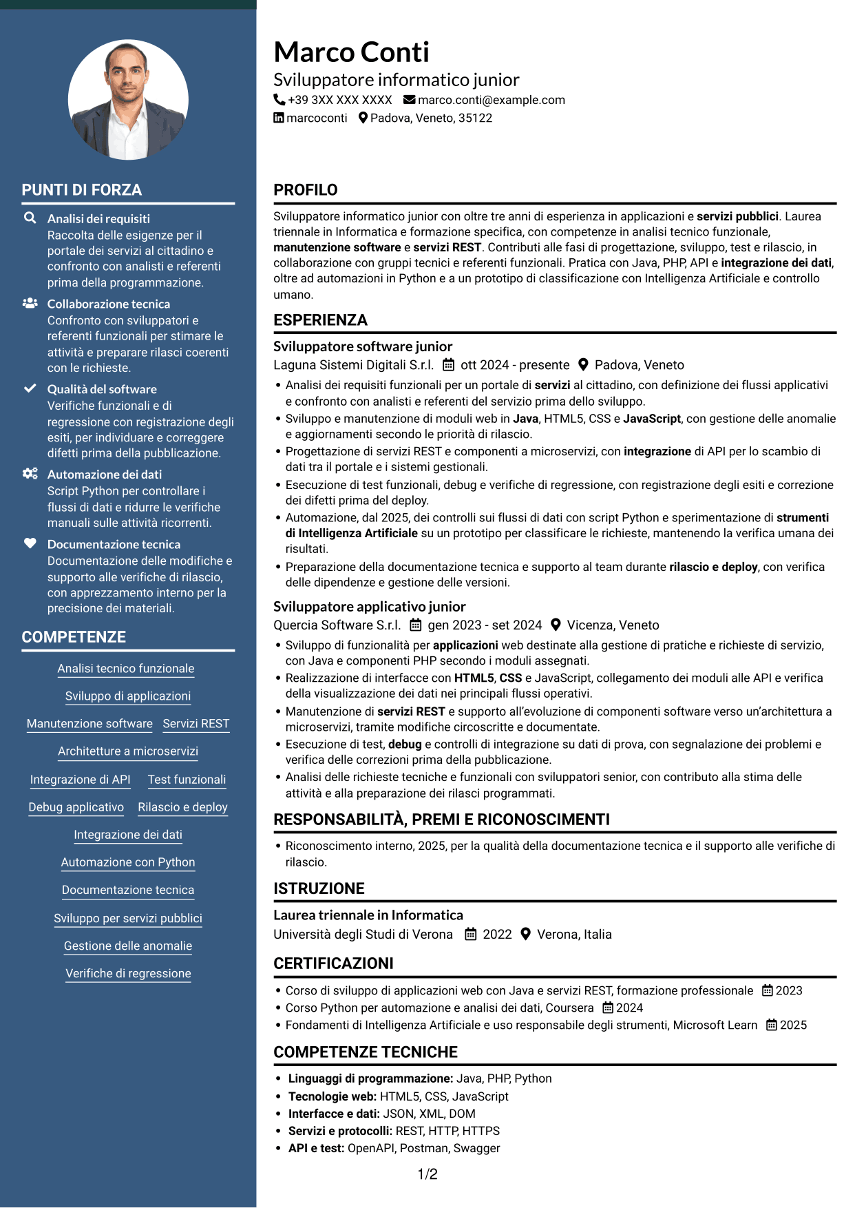 CV Elegante (formato con colonna laterale colorata e foto): Analista sviluppatore informatico junior - Servizi pubblici, pagina 1