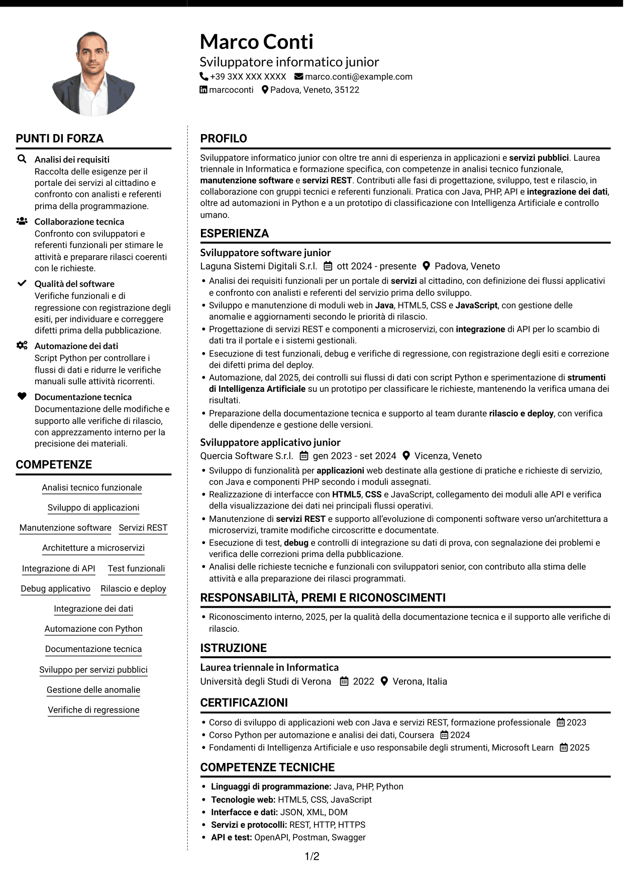 CV Moderno (formato a due colonne con foto a sinistra e separatore): Analista sviluppatore informatico junior - Servizi pubblici, pagina 1