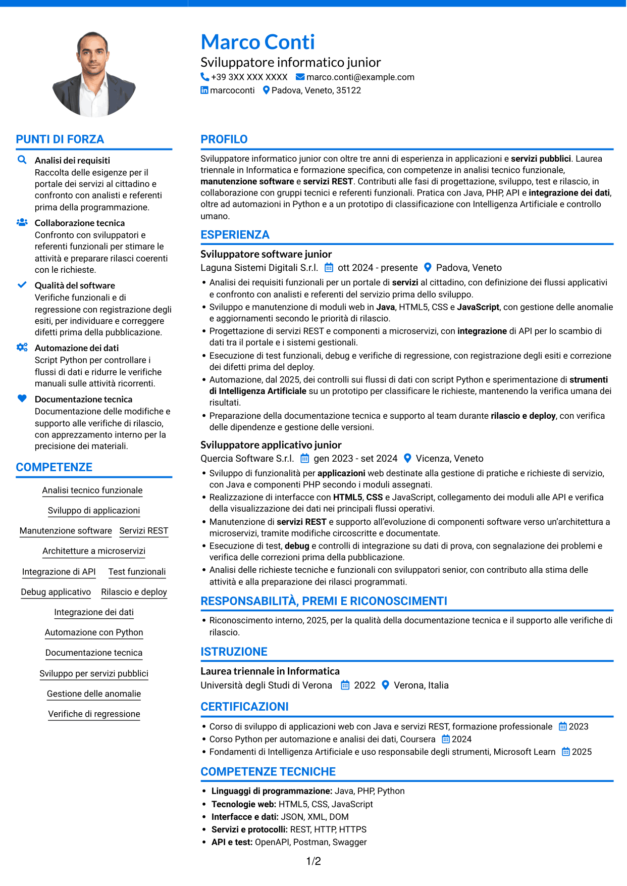 CV Audace (formato a due colonne con accenti colorati e foto): Analista sviluppatore informatico junior - Servizi pubblici, pagina 1