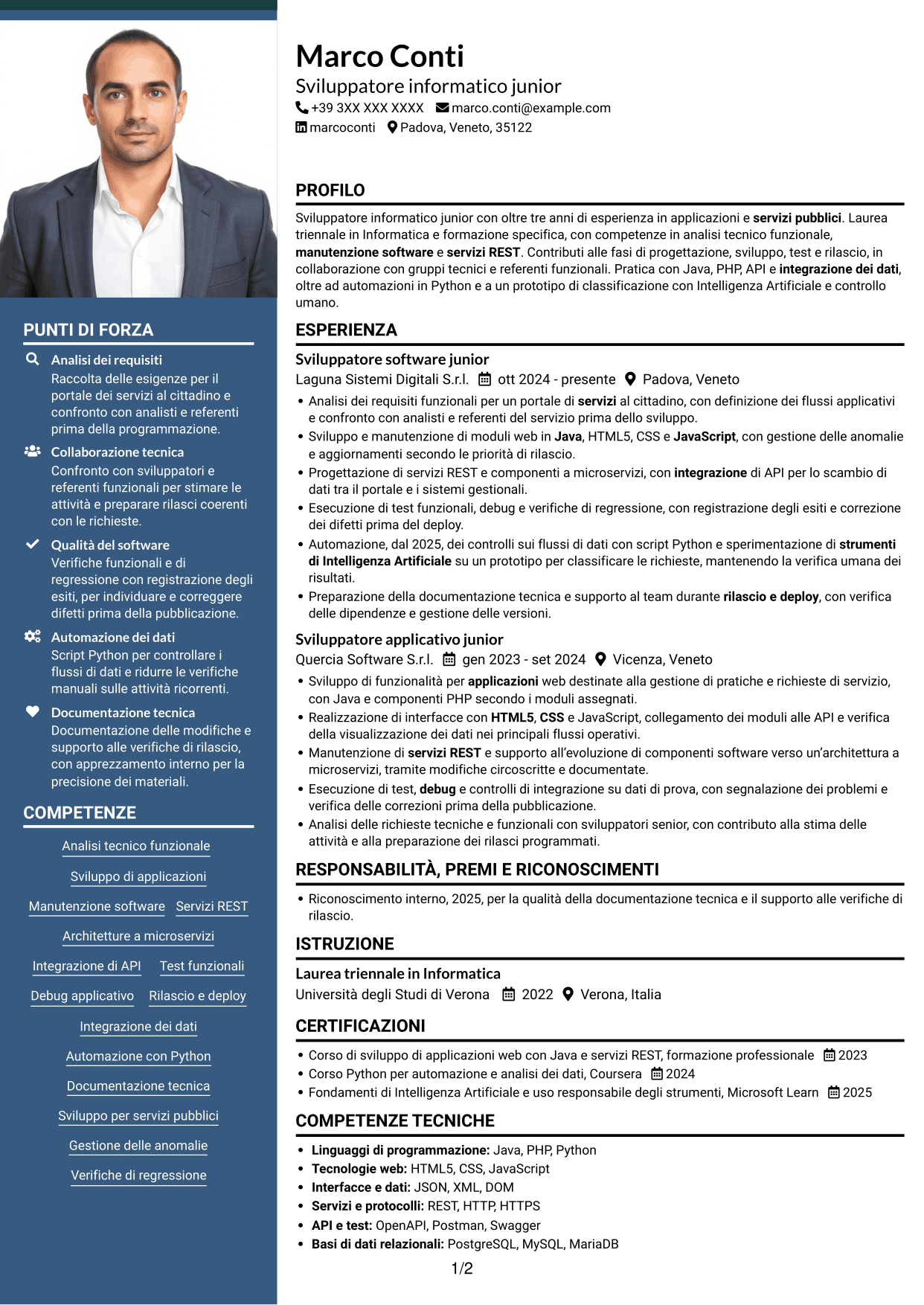 CV Signature (formato con colonna laterale colorata e foto grande): Analista sviluppatore informatico junior - Servizi pubblici, pagina 1