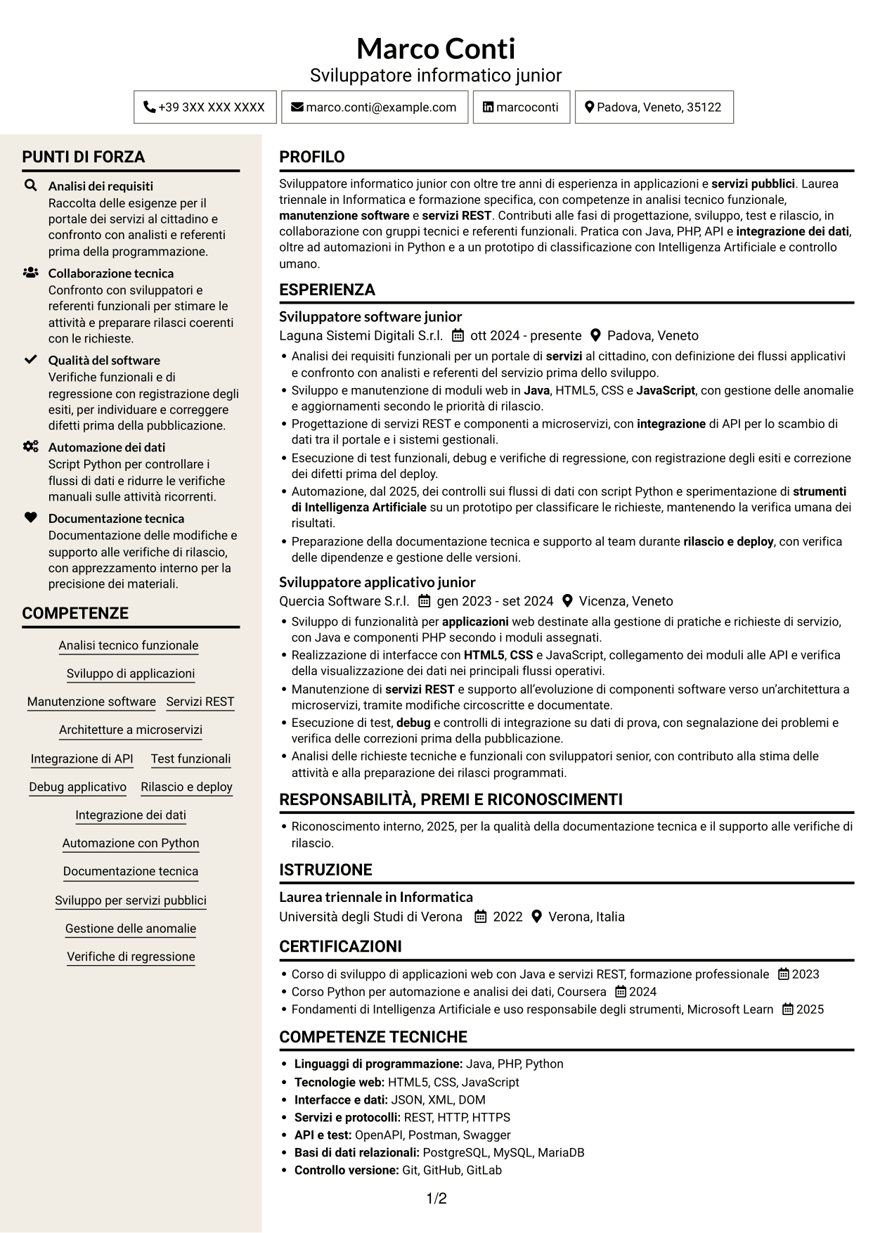 CV Intraprendente (formato a due colonne con intestazione centrata senza foto): Analista sviluppatore informatico junior - Servizi pubblici, pagina 1
