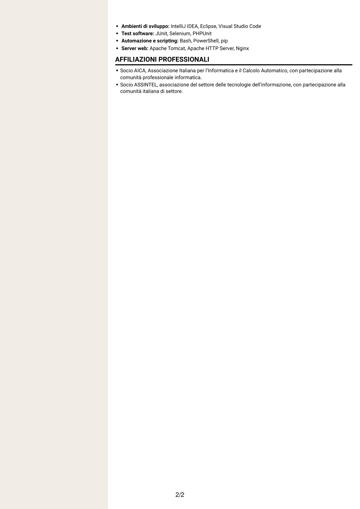 CV Intraprendente (formato a due colonne con intestazione centrata senza foto): Analista sviluppatore informatico junior - Servizi pubblici, pagina 2