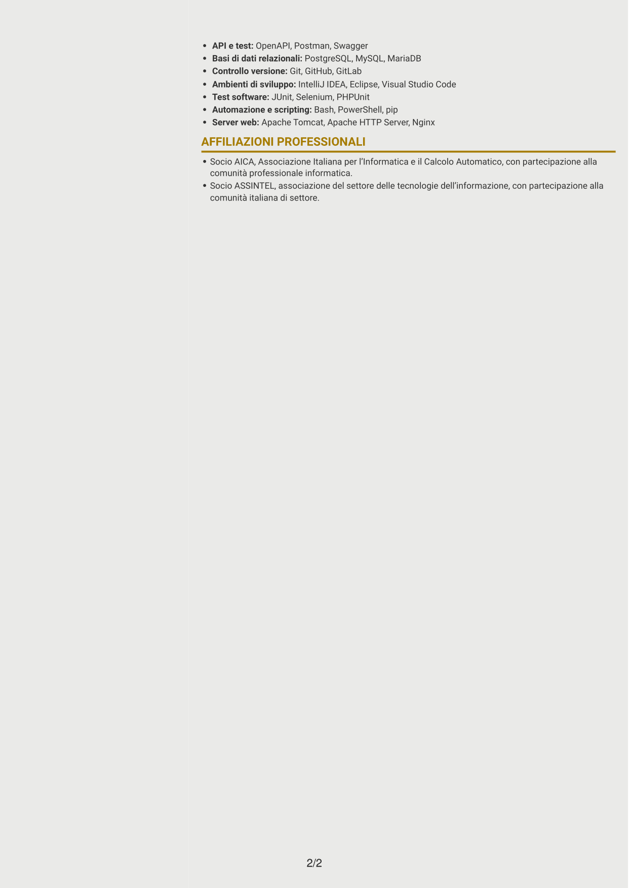 CV Dinamico (formato a due colonne con icone): Analista sviluppatore informatico junior - Servizi pubblici, pagina 2