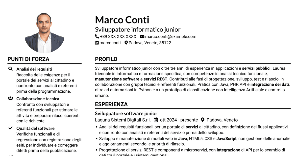 7 modelli di CV per Analista sviluppatore informatico junior - Servizi pubblici, con esempi