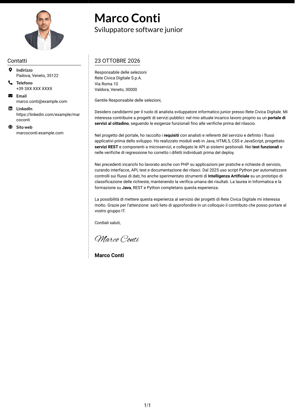 Lettera di presentazione Moderno (formato a due colonne con foto a sinistra e separatore): Analista sviluppatore informatico junior - Servizi pubblici, pagina 1