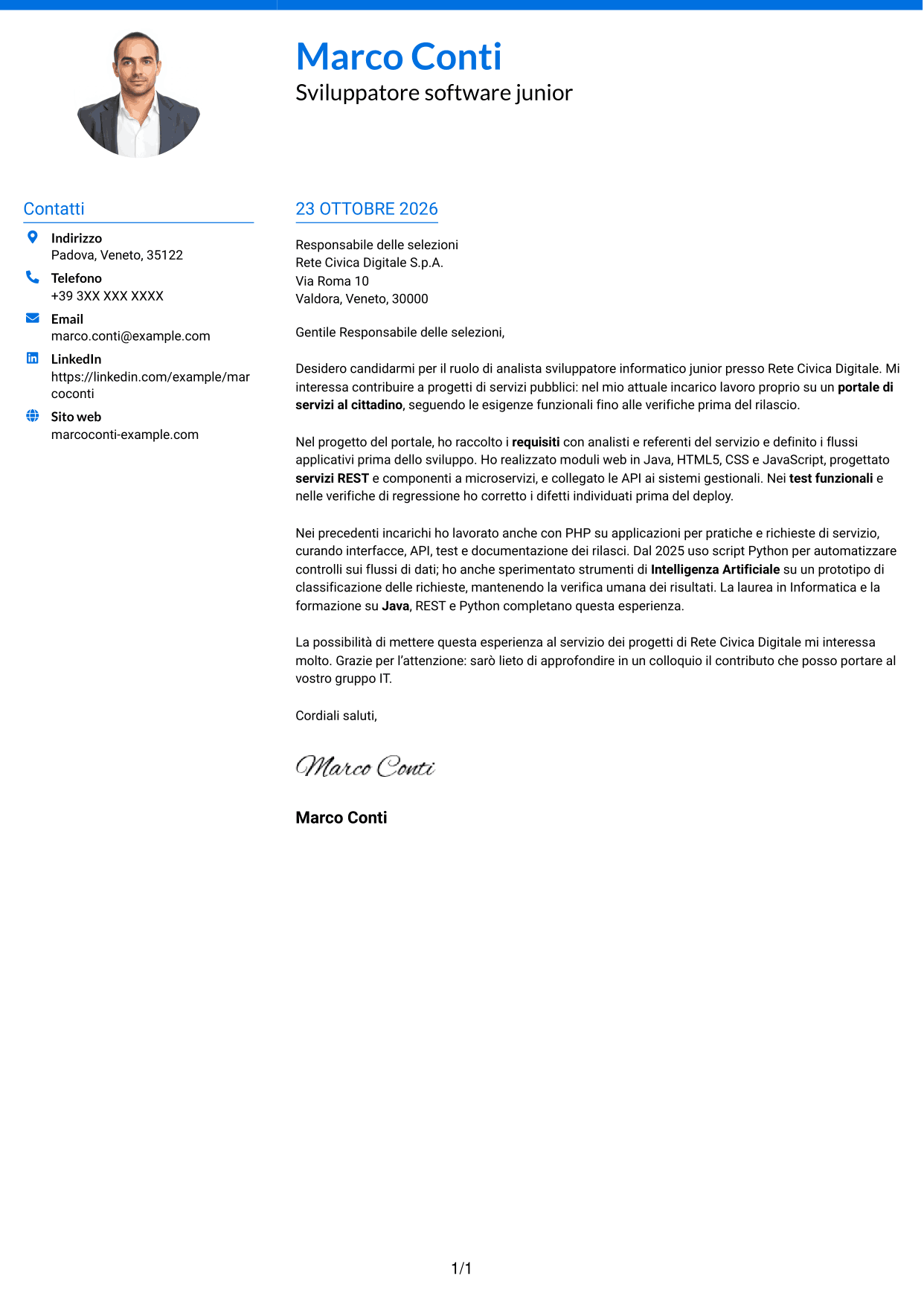 Lettera di presentazione Audace (formato a due colonne con accenti colorati e foto): Analista sviluppatore informatico junior - Servizi pubblici, pagina 1