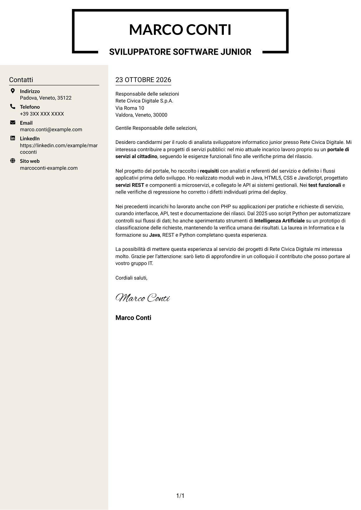 Lettera di presentazione Intraprendente (formato a due colonne con intestazione centrata senza foto): Analista sviluppatore informatico junior - Servizi pubblici, pagina 1