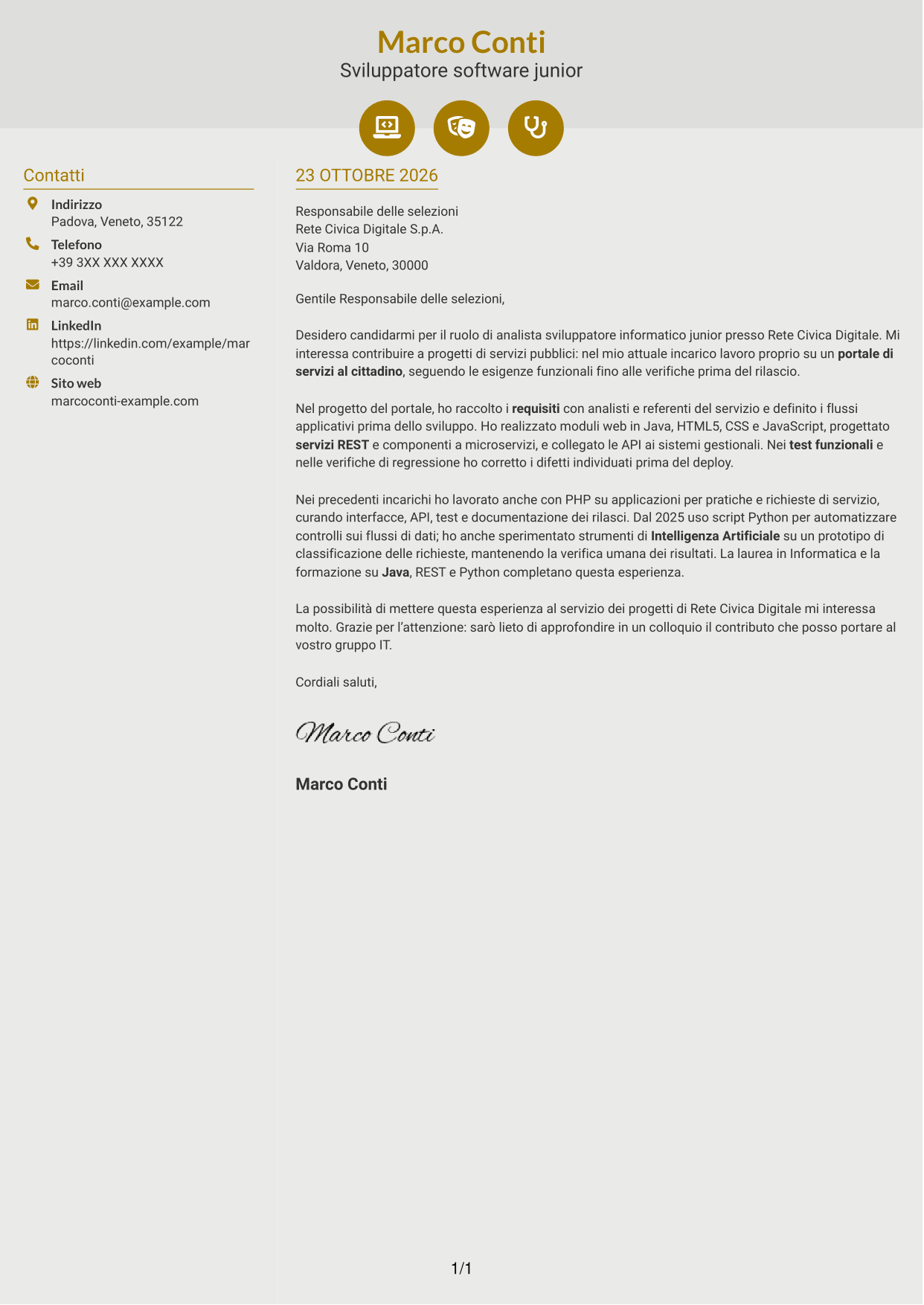 Lettera di presentazione Dinamico (formato a due colonne con icone): Analista sviluppatore informatico junior - Servizi pubblici, pagina 1