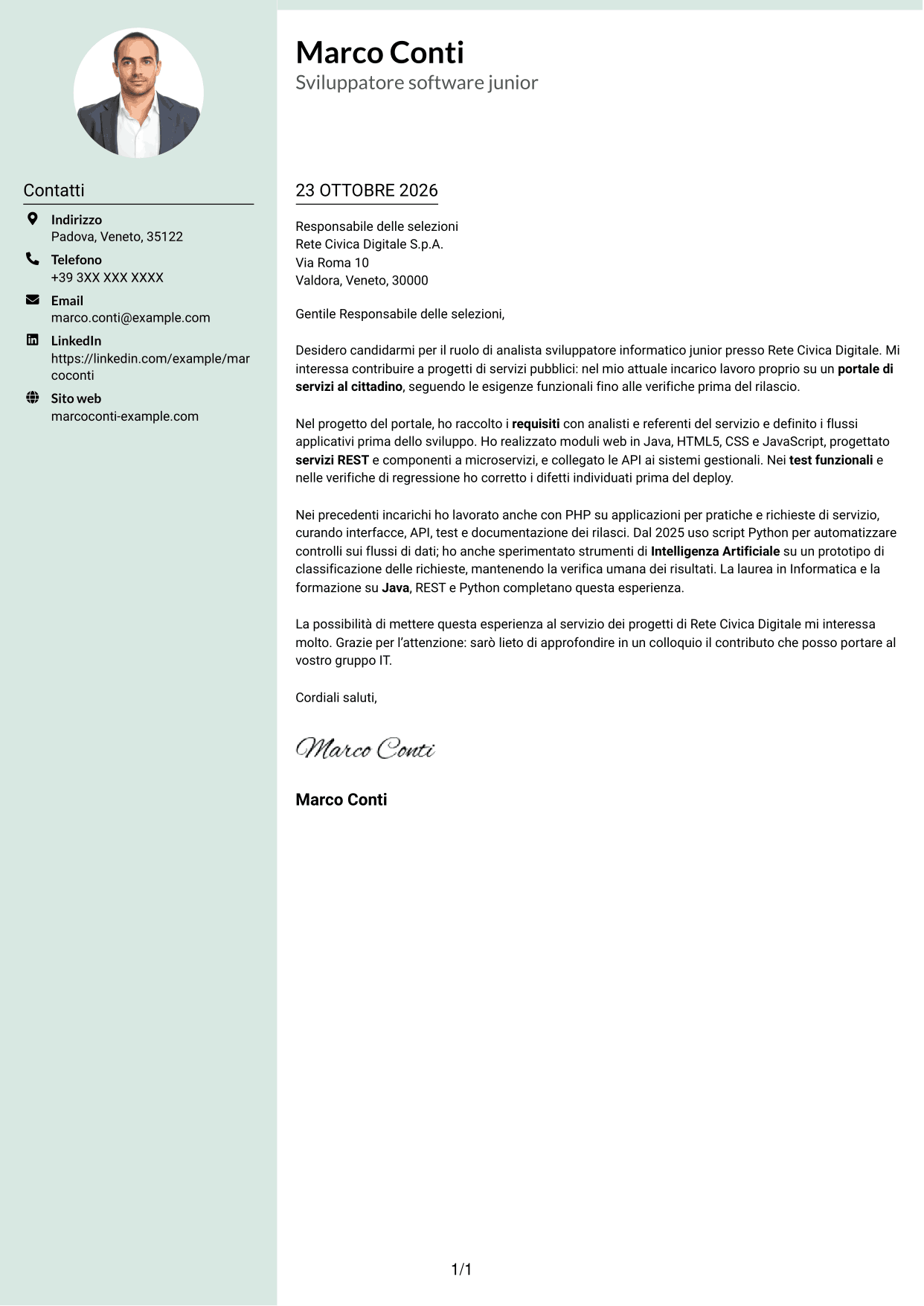 Lettera di presentazione Dirigente (formato con colonna laterale tenue e foto arrotondata): Analista sviluppatore informatico junior - Servizi pubblici, pagina 1