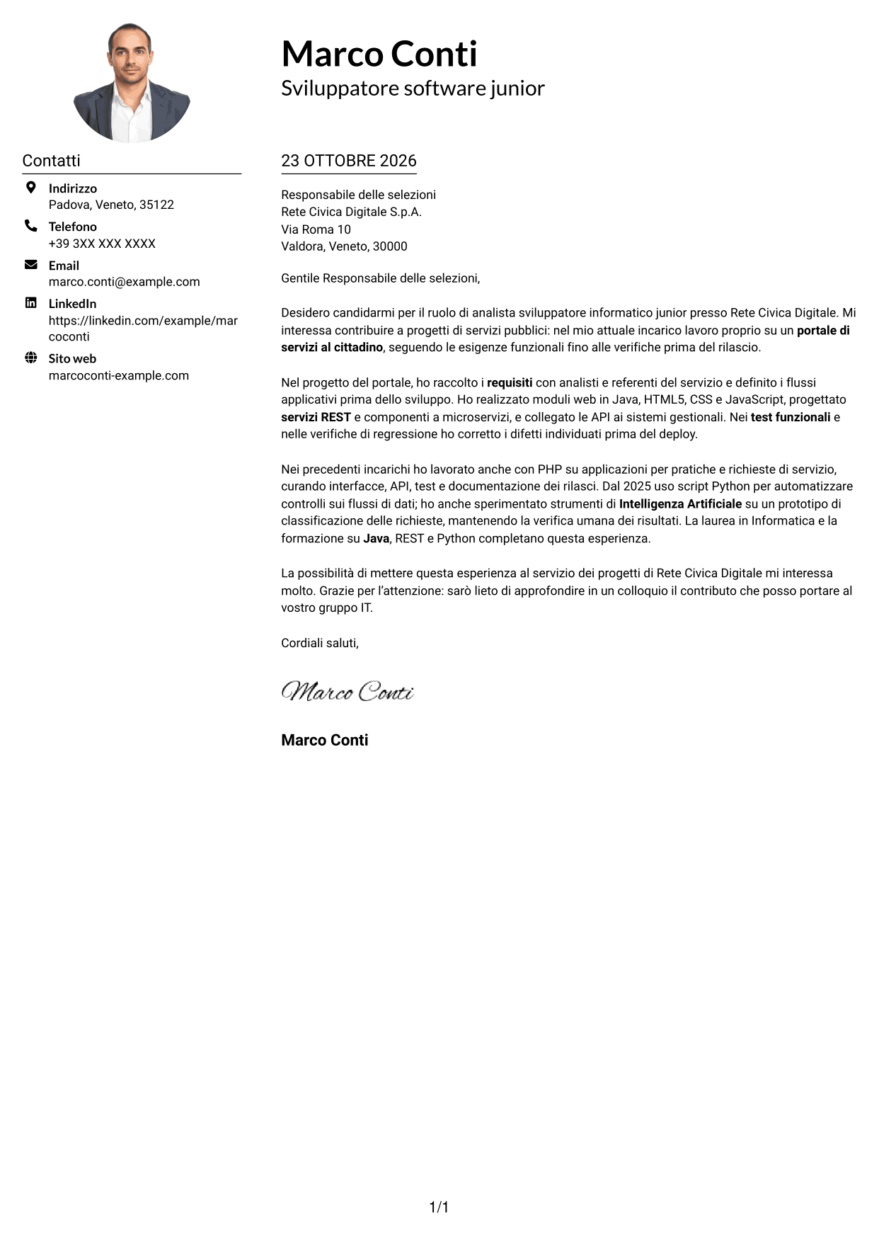 Esempio di lettera di presentazione — pagina 1