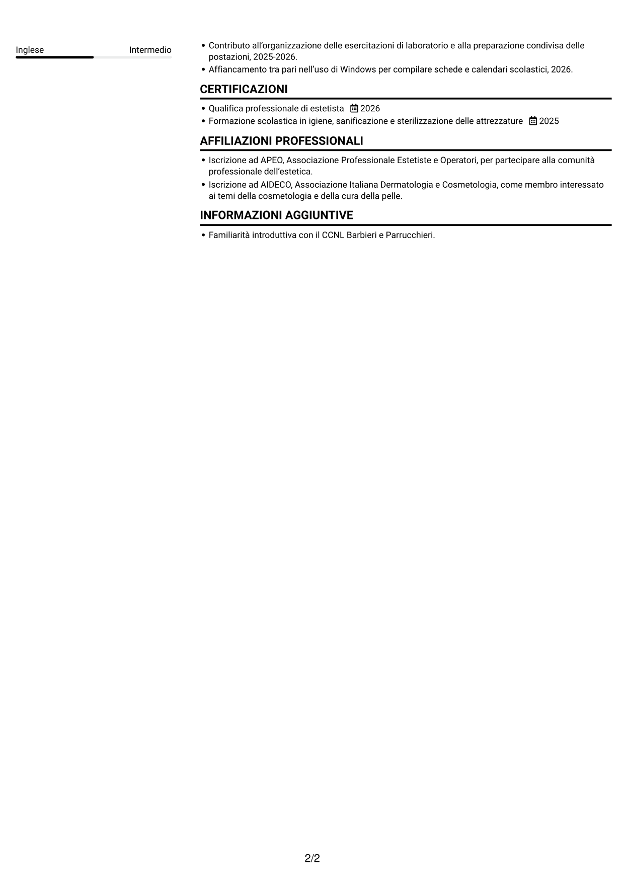 CV Compatto (formato sobrio a due colonne con foto): Apprendista estetista - Trattamenti estetici di base, pagina 2