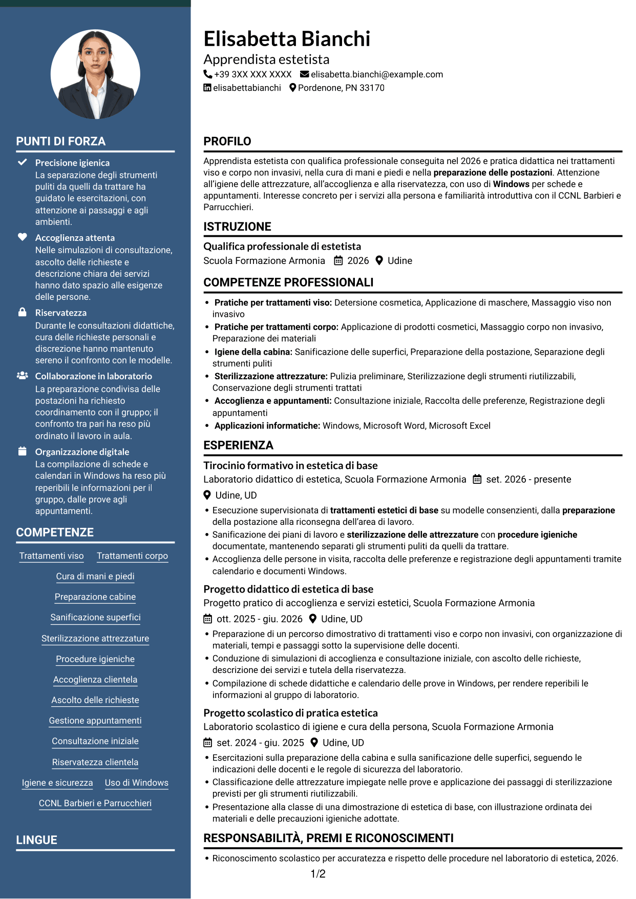CV Elegante (formato con colonna laterale colorata e foto): Apprendista estetista - Trattamenti estetici di base, pagina 1