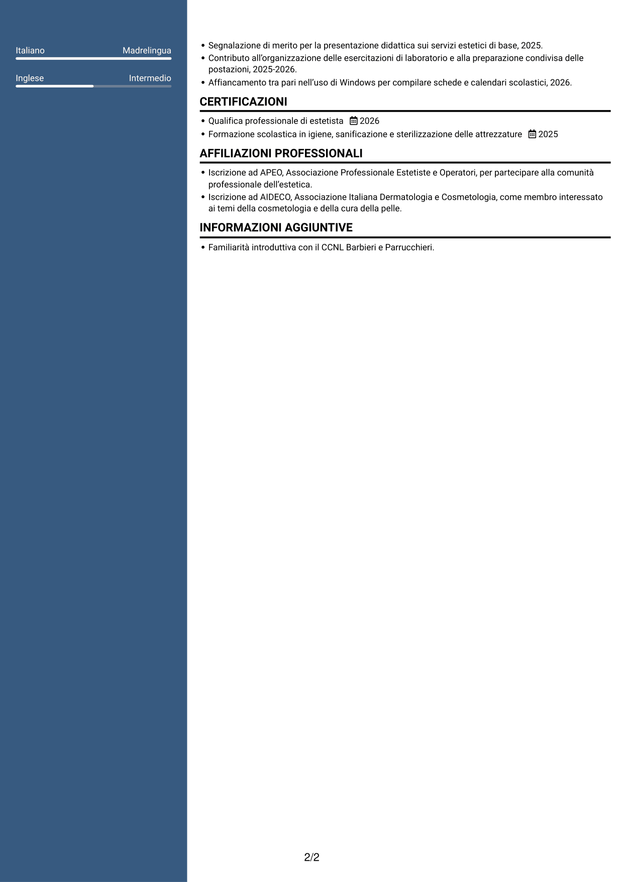 CV Elegante (formato con colonna laterale colorata e foto): Apprendista estetista - Trattamenti estetici di base, pagina 2