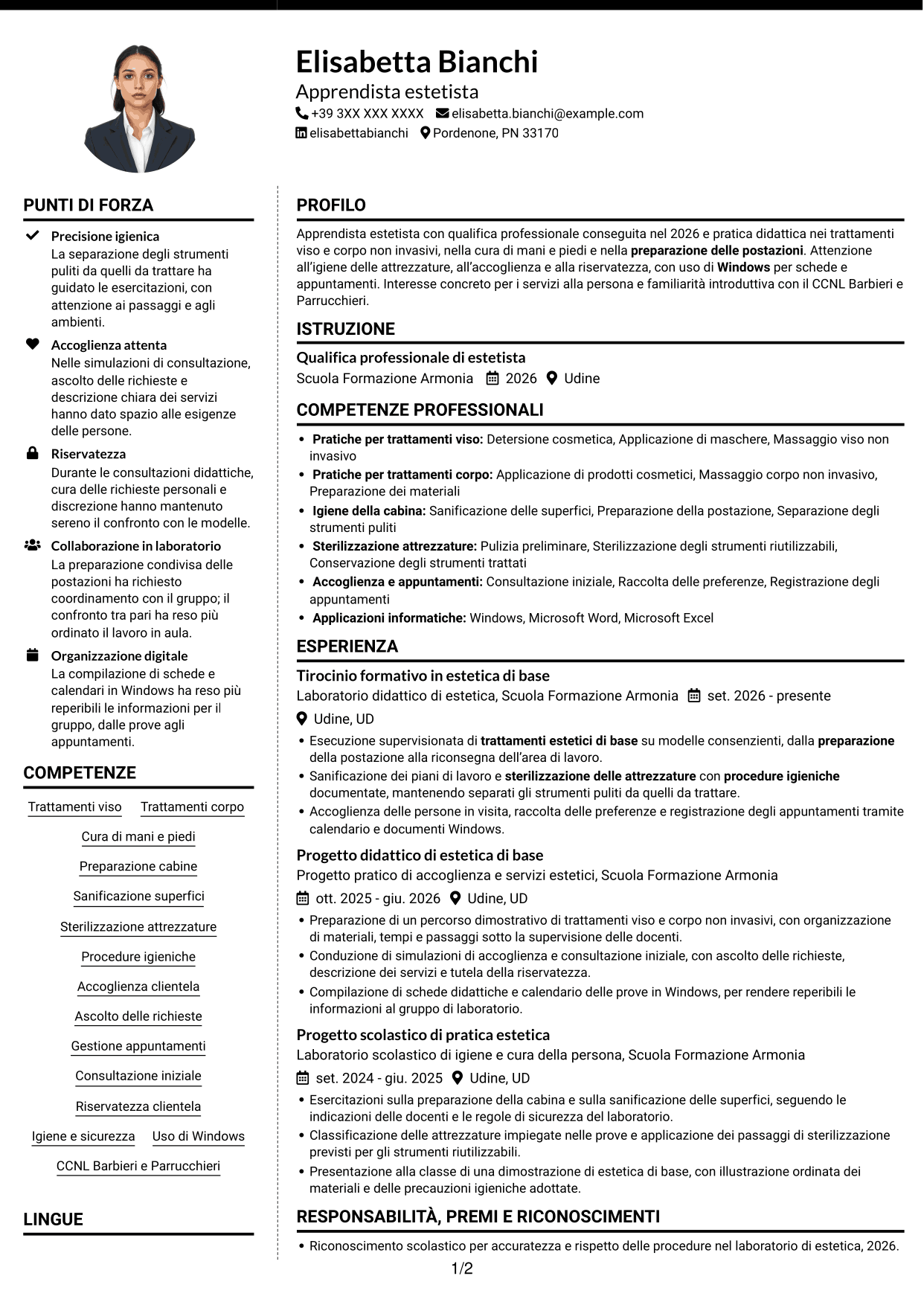 CV Moderno (formato a due colonne con foto a sinistra e separatore): Apprendista estetista - Trattamenti estetici di base, pagina 1