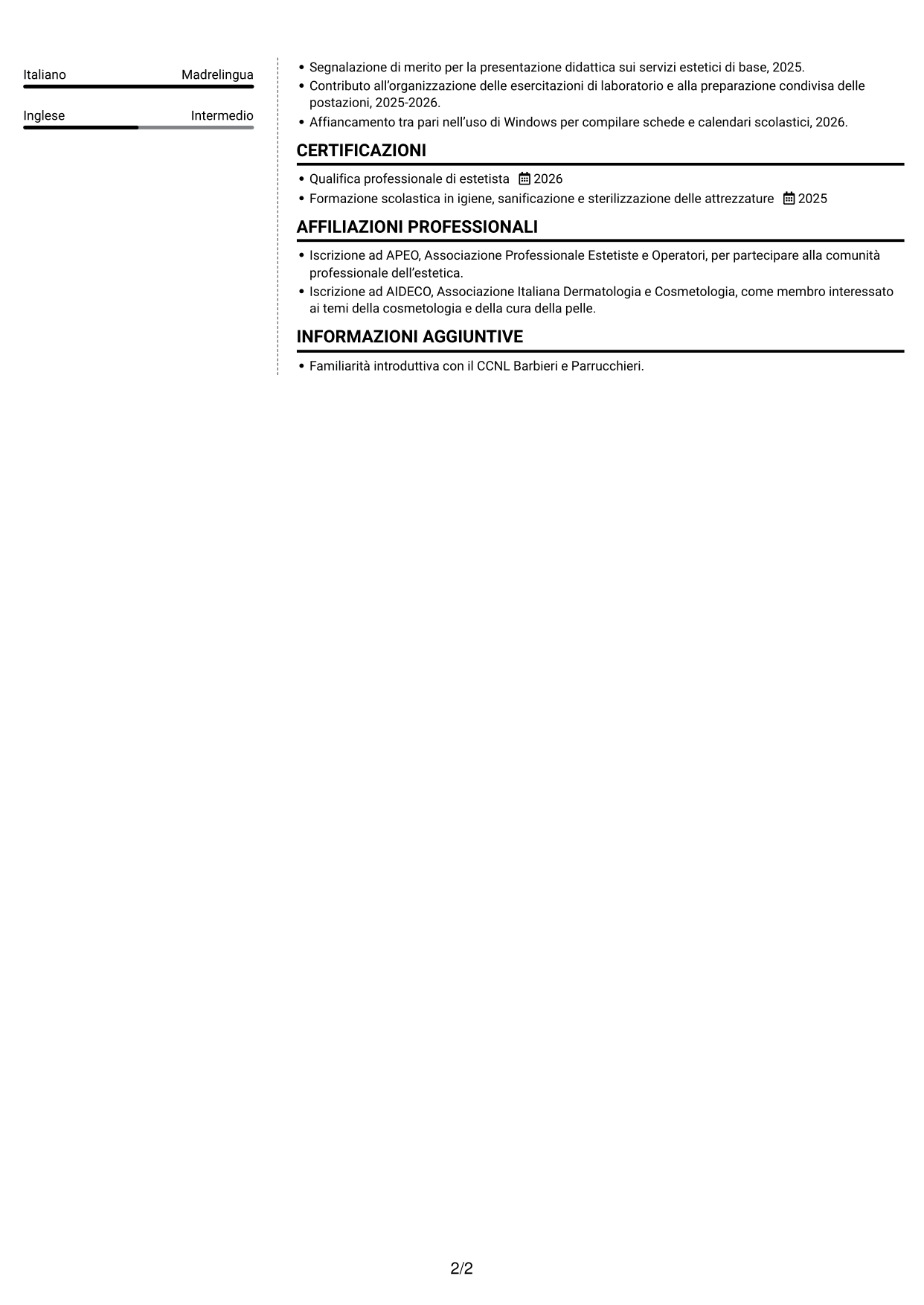 CV Moderno (formato a due colonne con foto a sinistra e separatore): Apprendista estetista - Trattamenti estetici di base, pagina 2