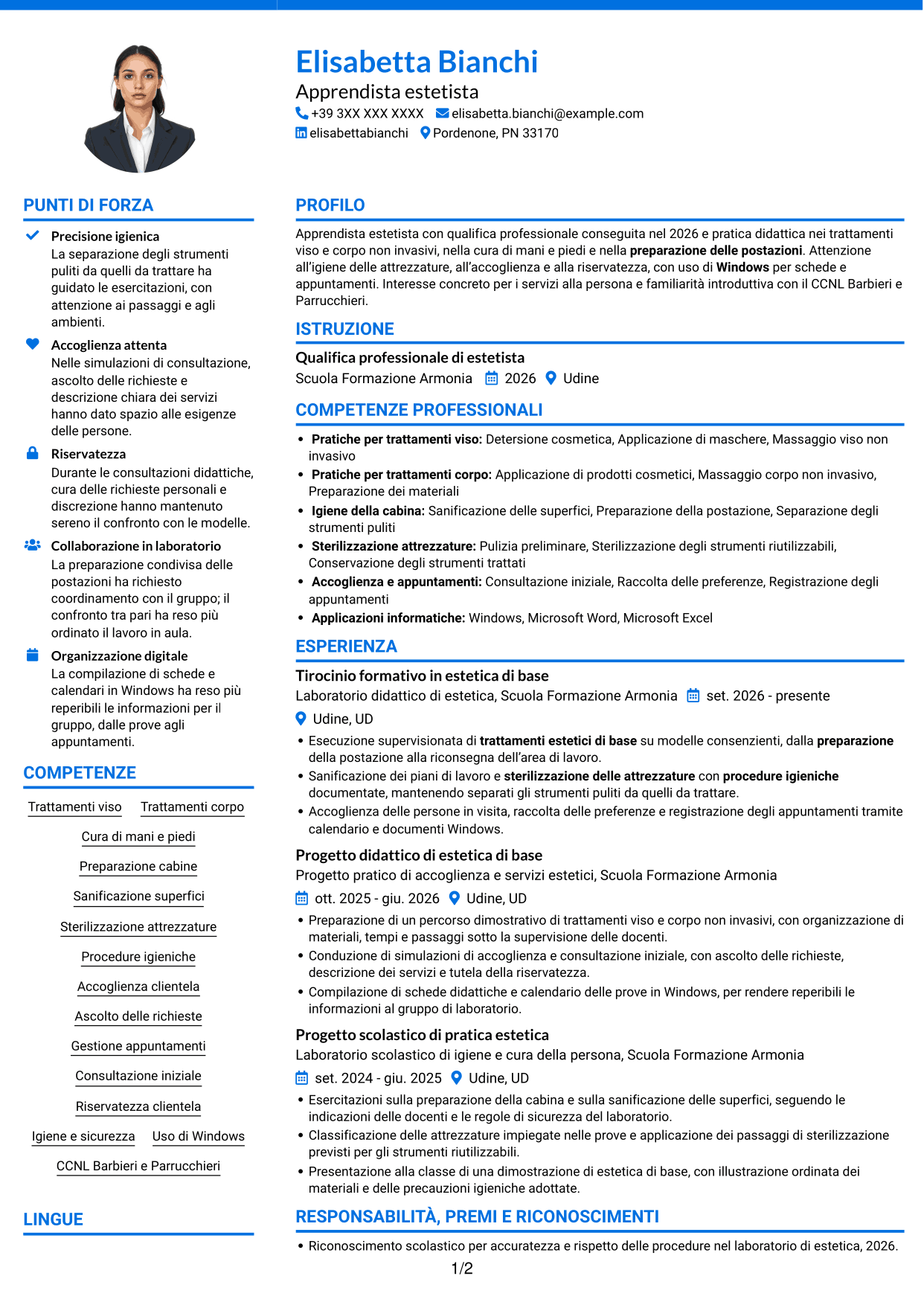 CV Audace (formato a due colonne con accenti colorati e foto): Apprendista estetista - Trattamenti estetici di base, pagina 1