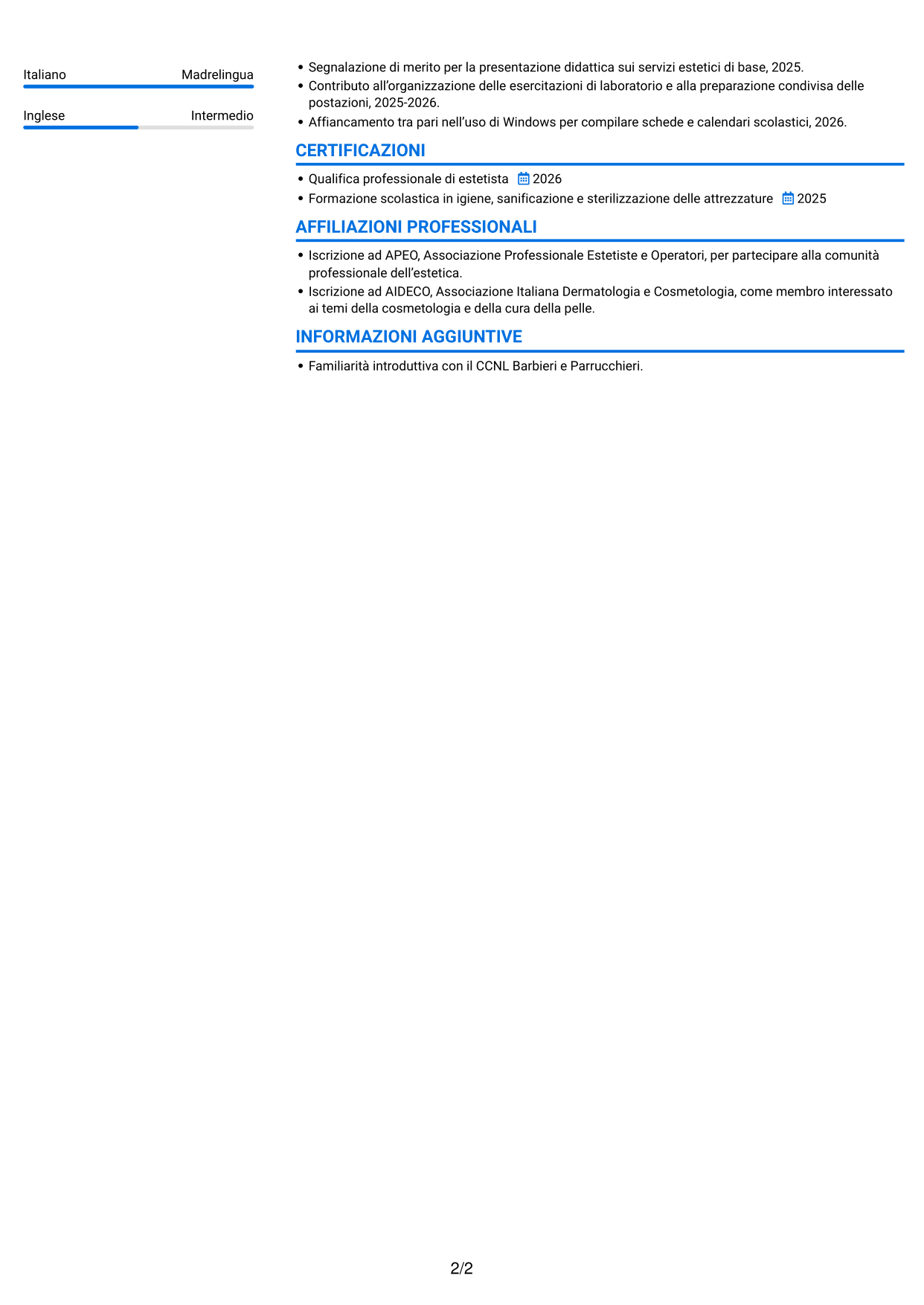 CV Audace (formato a due colonne con accenti colorati e foto): Apprendista estetista - Trattamenti estetici di base, pagina 2