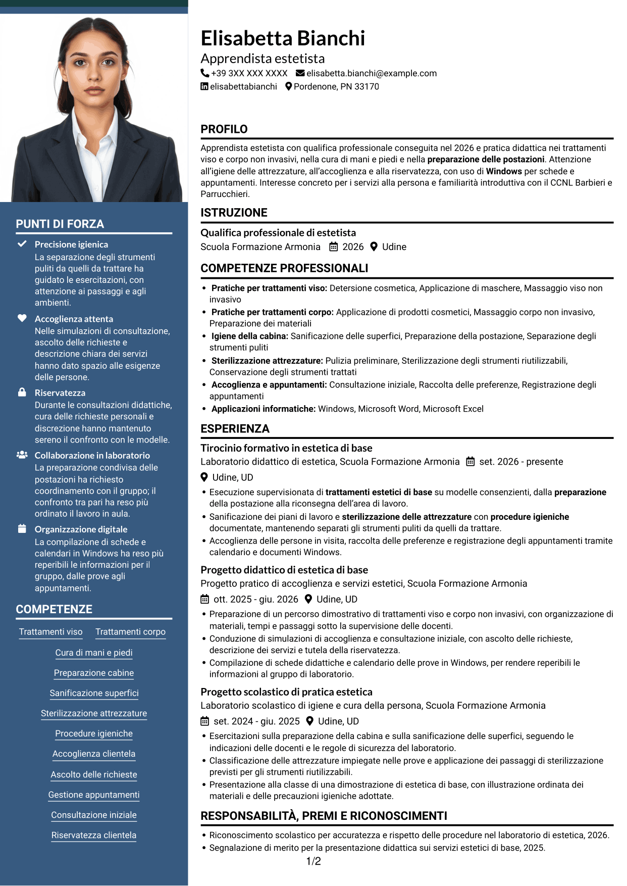 CV Signature (formato con colonna laterale colorata e foto grande): Apprendista estetista - Trattamenti estetici di base, pagina 1