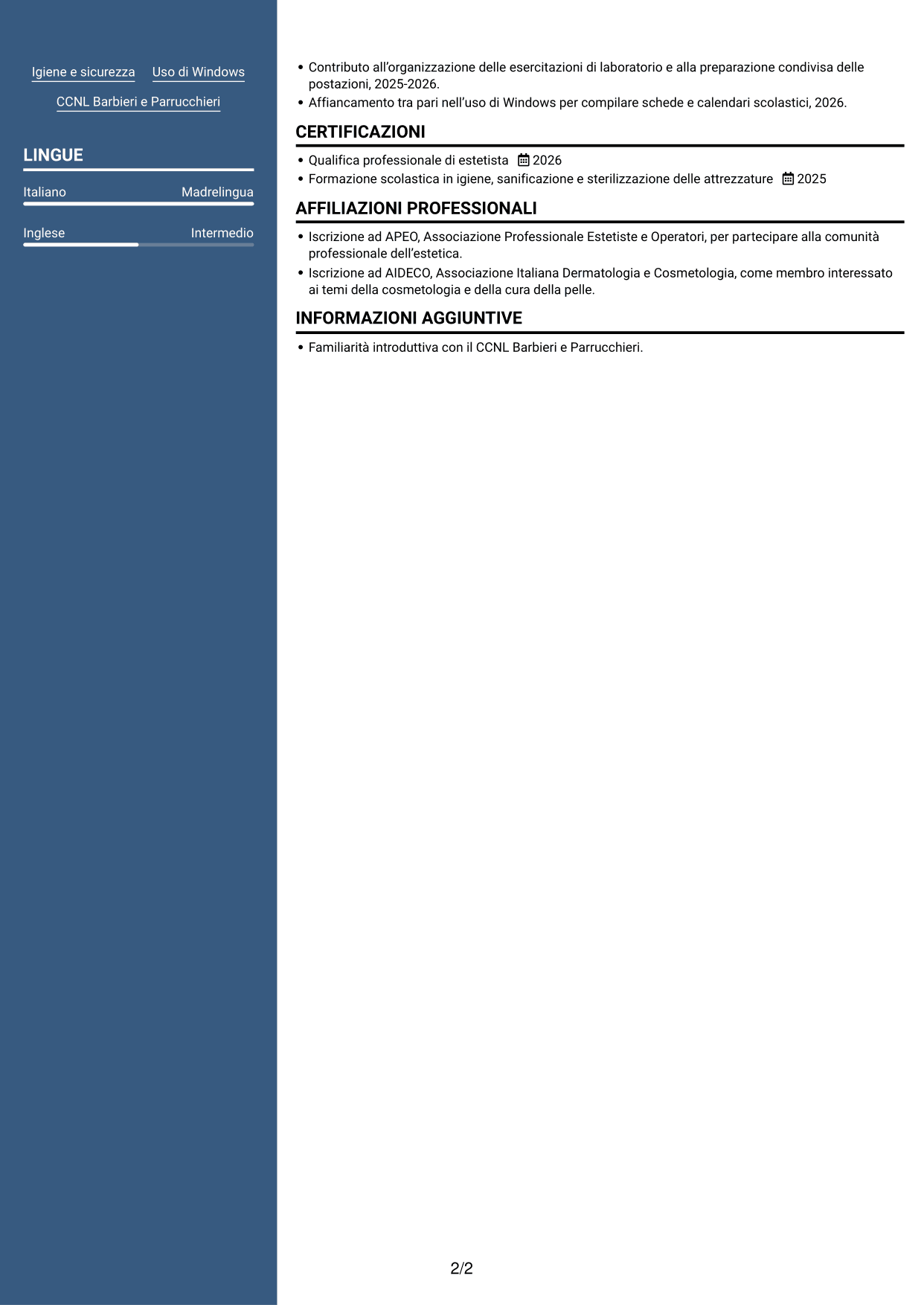 CV Signature (formato con colonna laterale colorata e foto grande): Apprendista estetista - Trattamenti estetici di base, pagina 2