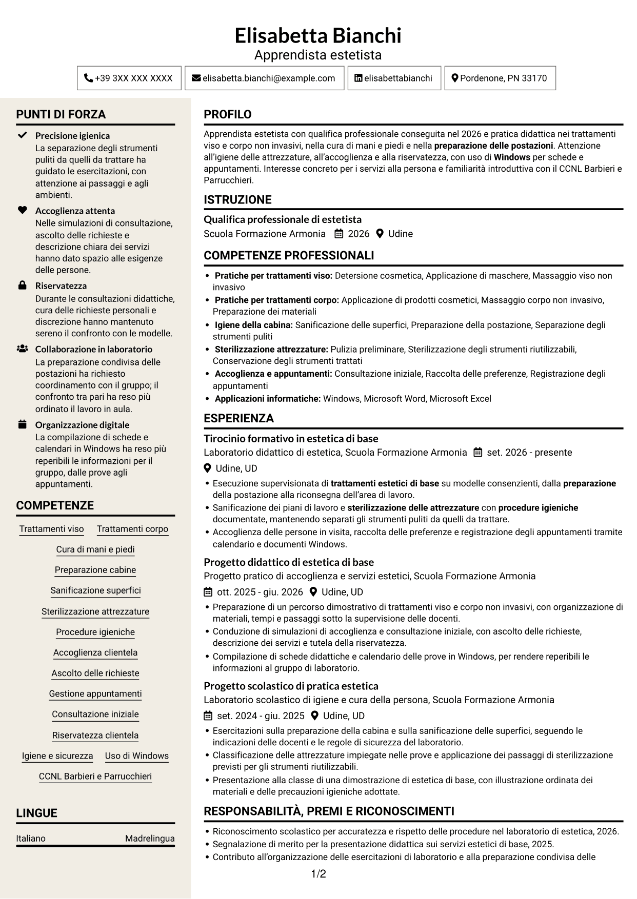 CV Intraprendente (formato a due colonne con intestazione centrata senza foto): Apprendista estetista - Trattamenti estetici di base, pagina 1