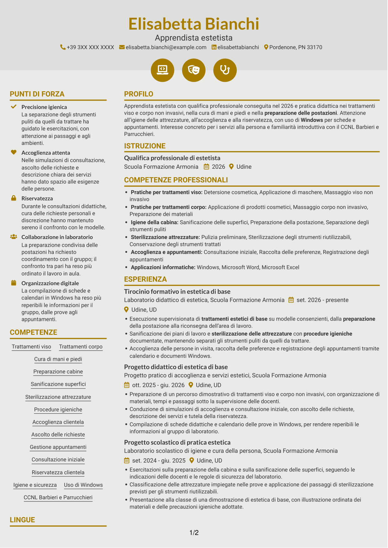 CV Dinamico (formato a due colonne con icone): Apprendista estetista - Trattamenti estetici di base, pagina 1
