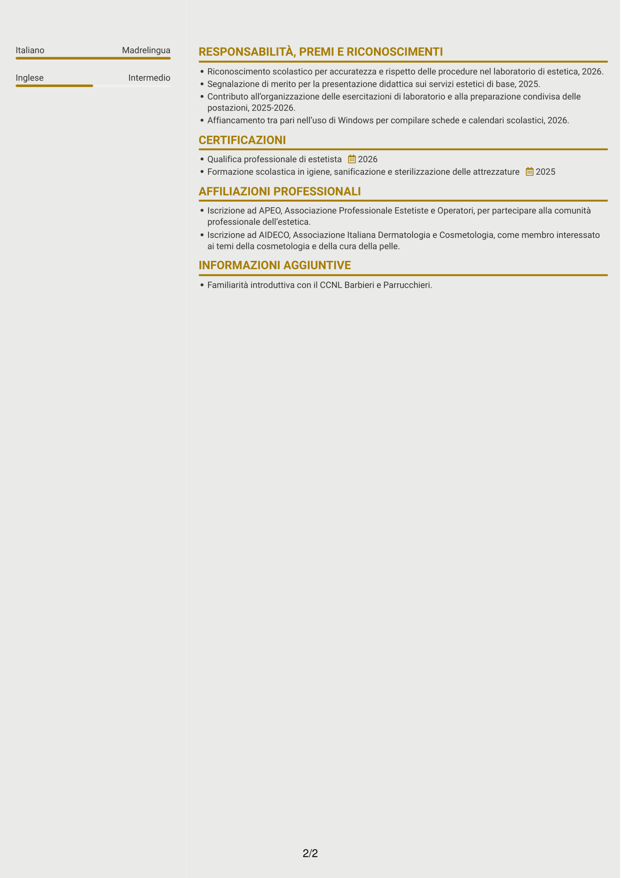 CV Dinamico (formato a due colonne con icone): Apprendista estetista - Trattamenti estetici di base, pagina 2