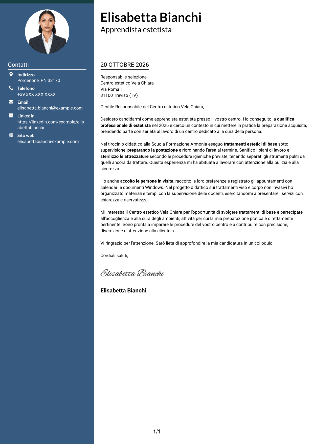 Lettera di presentazione Elegante (formato con colonna laterale colorata e foto): Apprendista estetista - Trattamenti estetici di base, pagina 1