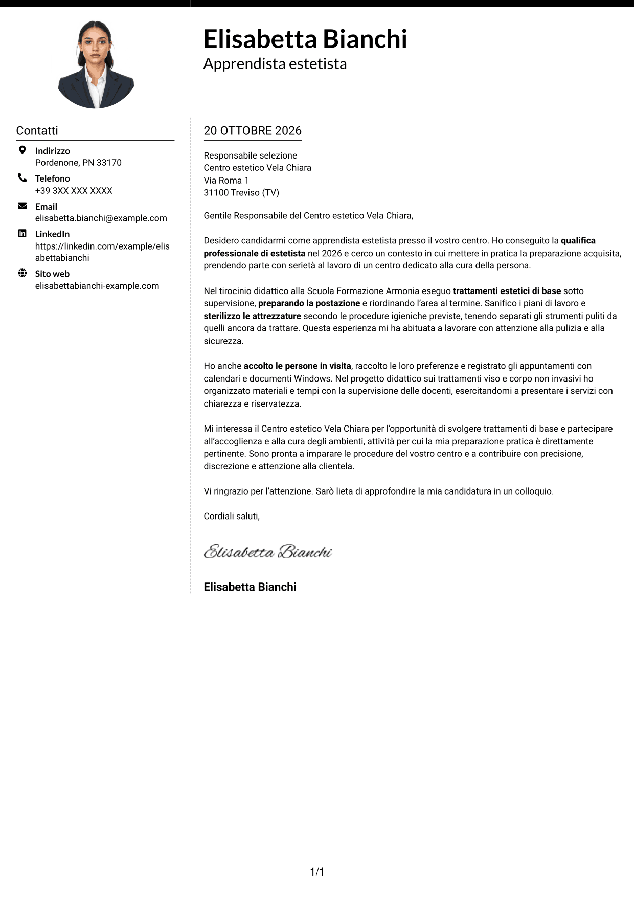 Lettera di presentazione Moderno (formato a due colonne con foto a sinistra e separatore): Apprendista estetista - Trattamenti estetici di base, pagina 1