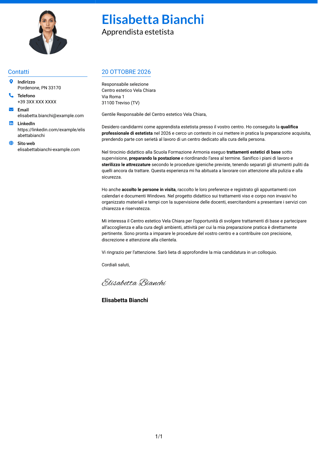 Lettera di presentazione Audace (formato a due colonne con accenti colorati e foto): Apprendista estetista - Trattamenti estetici di base, pagina 1