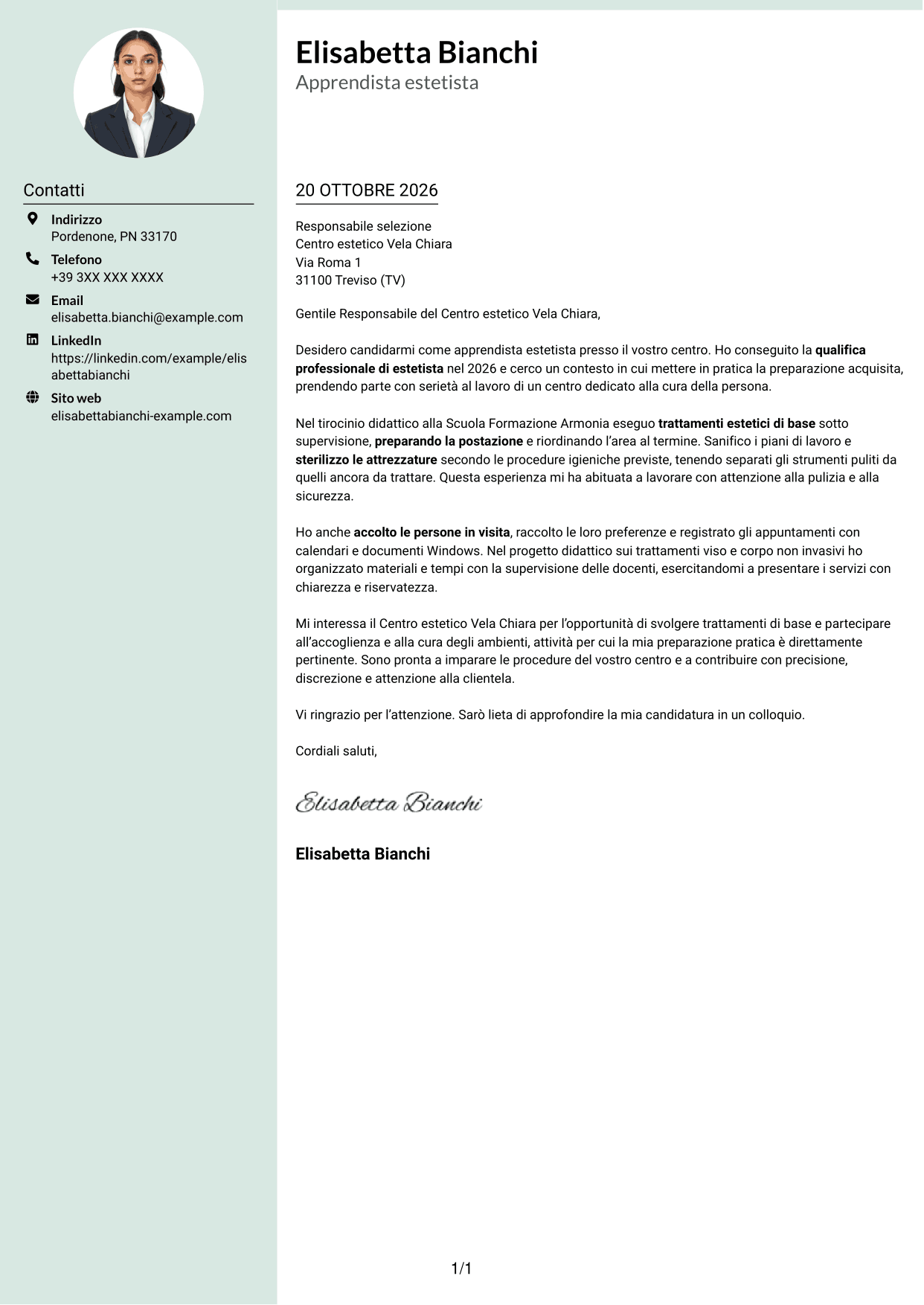Lettera di presentazione Dirigente (formato con colonna laterale tenue e foto arrotondata): Apprendista estetista - Trattamenti estetici di base, pagina 1