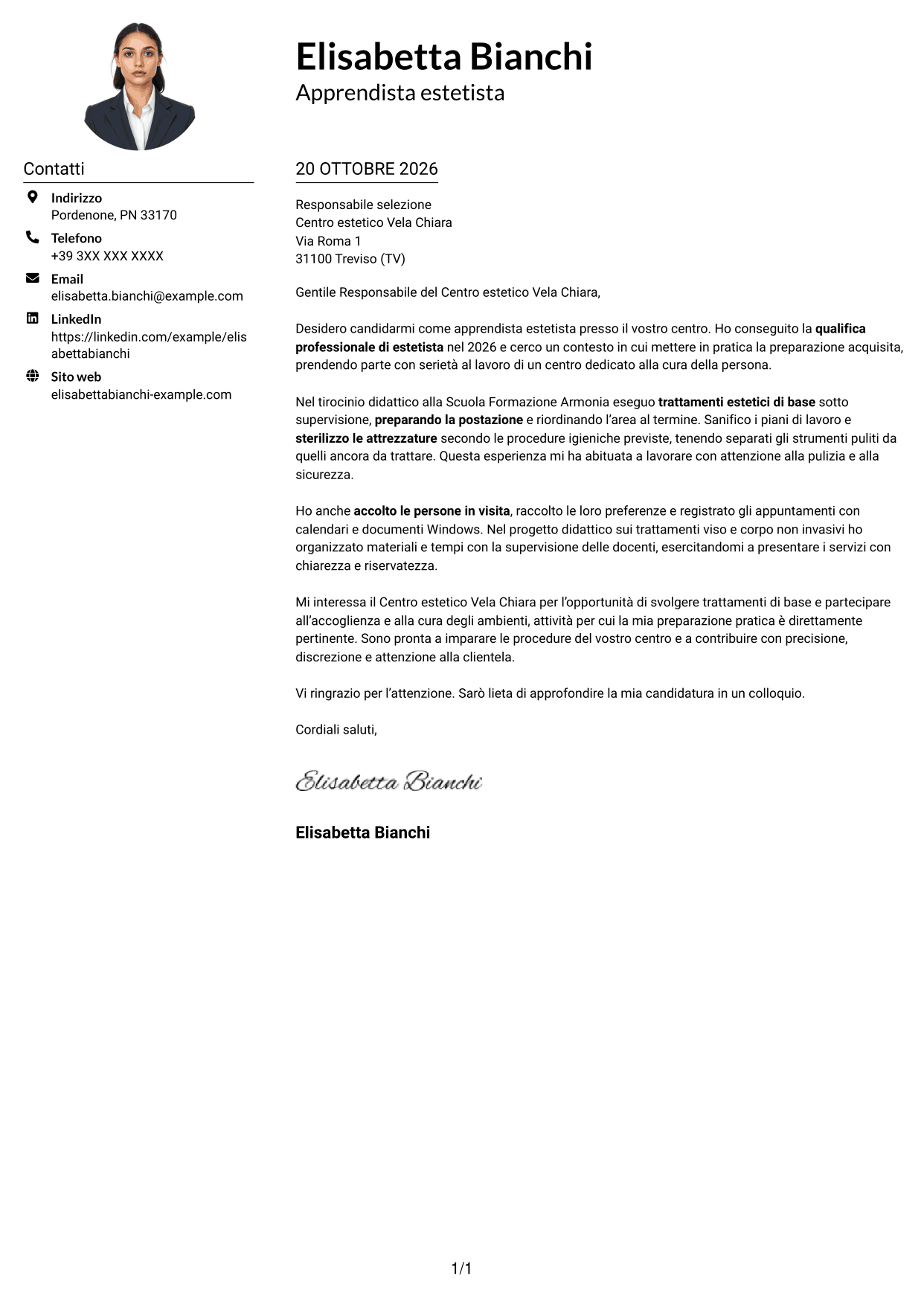 Esempio di lettera di presentazione — pagina 1