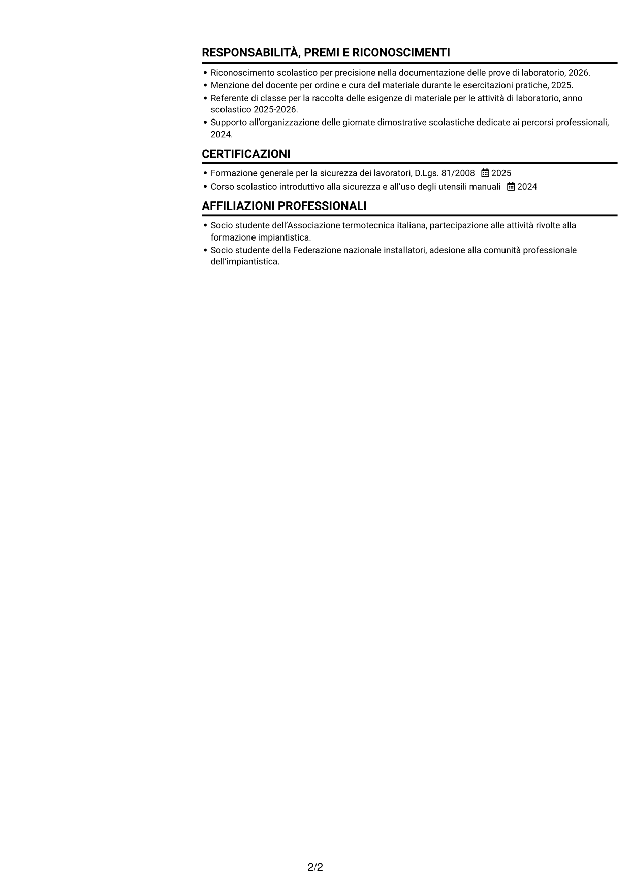 CV Compatto (formato sobrio a due colonne con foto): Apprendista termoidraulico, pagina 2
