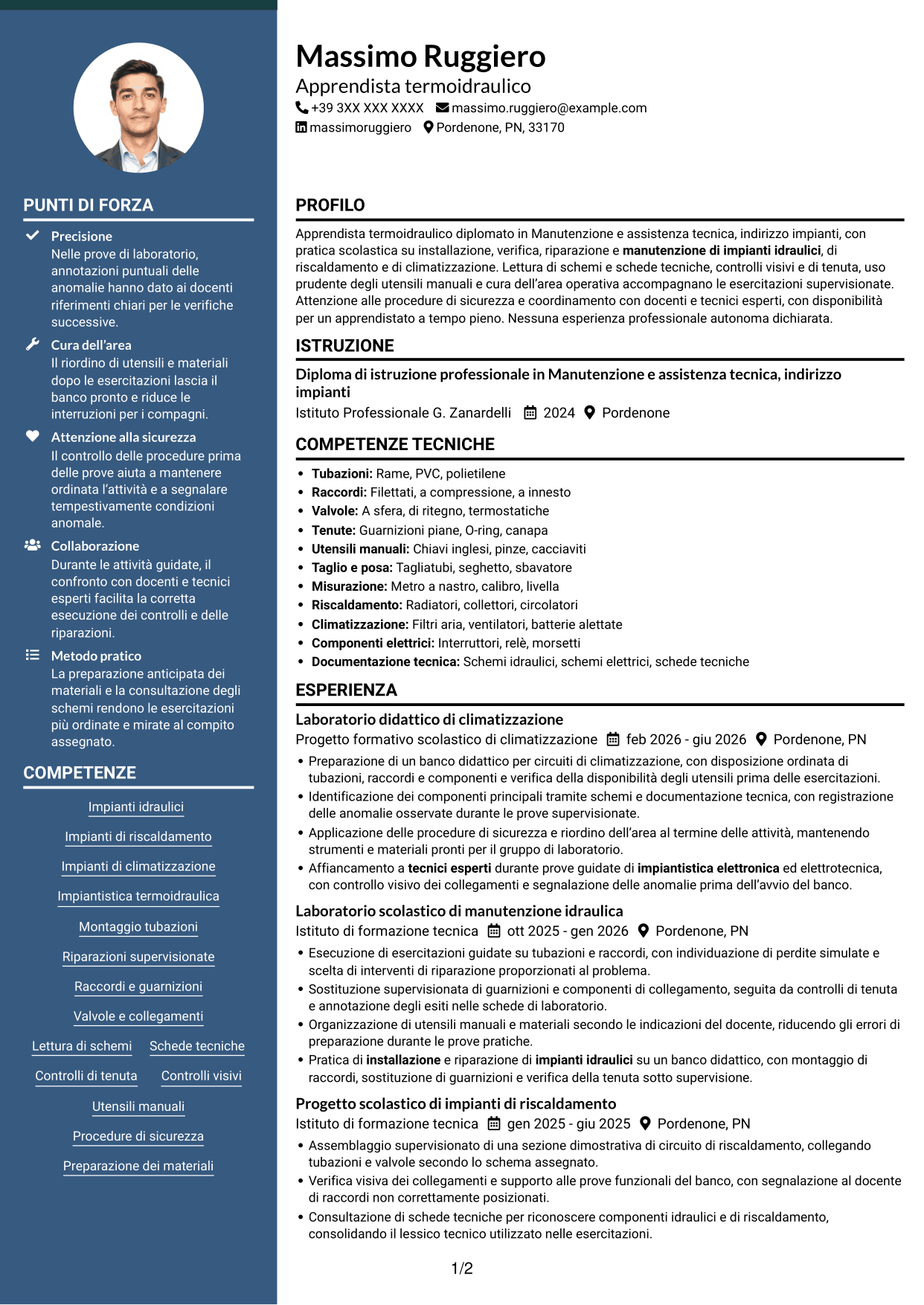 CV Elegante (formato con colonna laterale colorata e foto): Apprendista termoidraulico, pagina 1