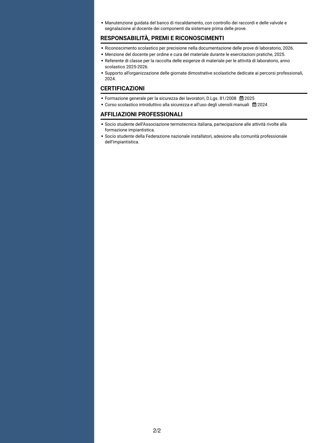 CV Elegante (formato con colonna laterale colorata e foto): Apprendista termoidraulico, pagina 2