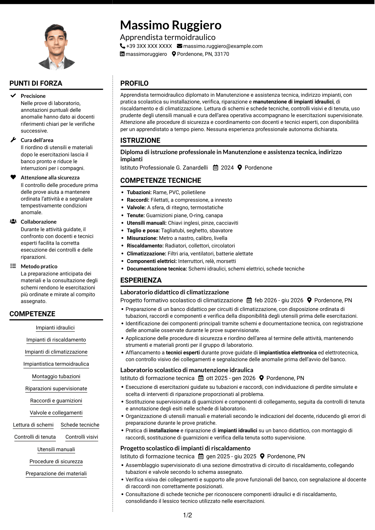 CV Moderno (formato a due colonne con foto a sinistra e separatore): Apprendista termoidraulico, pagina 1