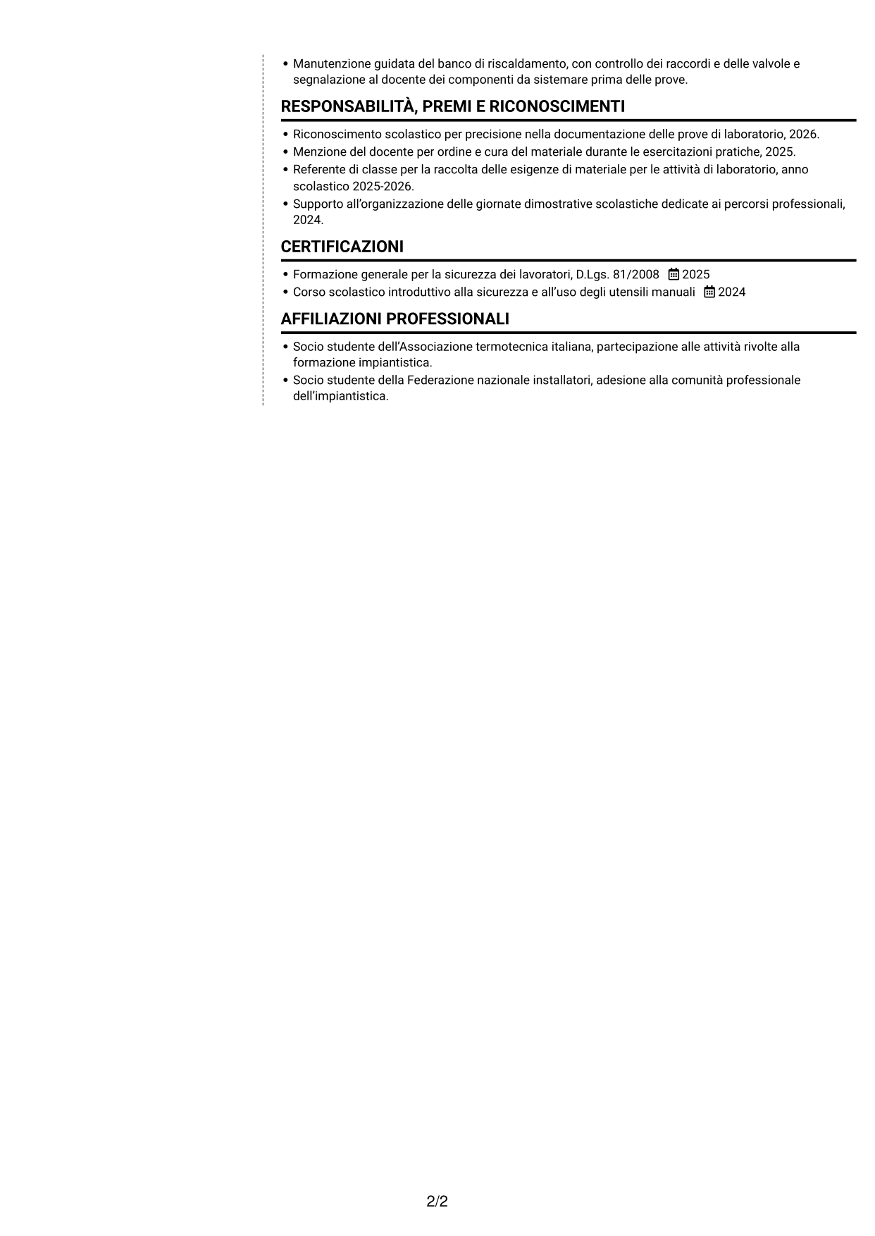 CV Moderno (formato a due colonne con foto a sinistra e separatore): Apprendista termoidraulico, pagina 2