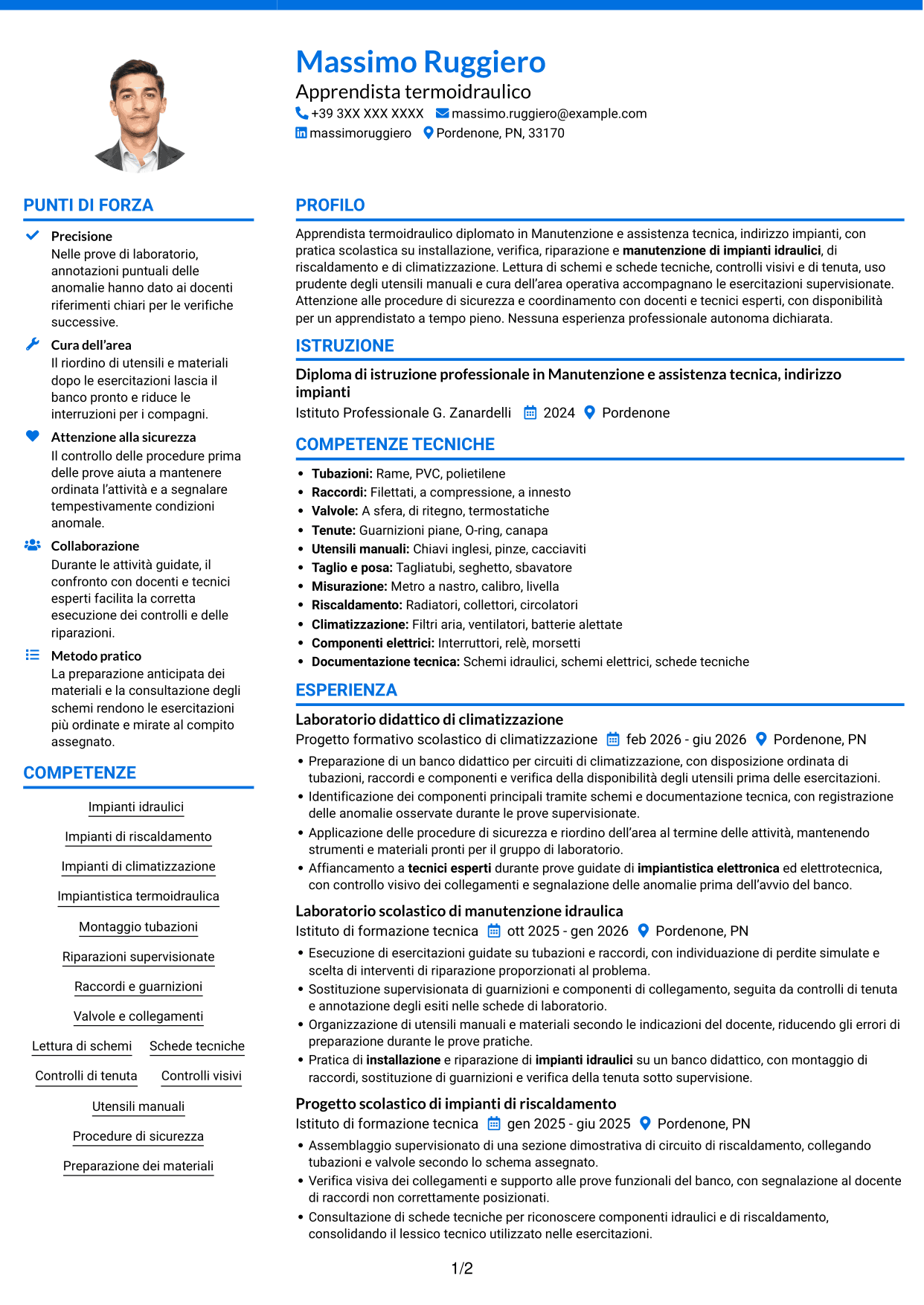 CV Audace (formato a due colonne con accenti colorati e foto): Apprendista termoidraulico, pagina 1