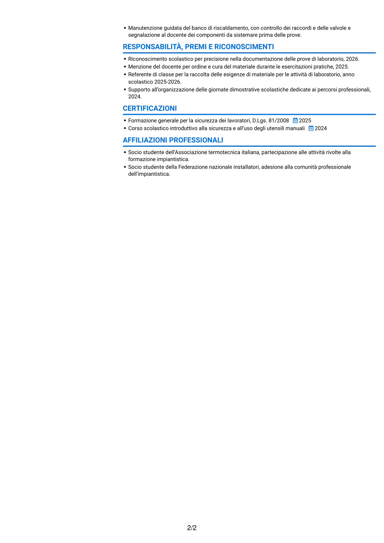 CV Audace (formato a due colonne con accenti colorati e foto): Apprendista termoidraulico, pagina 2