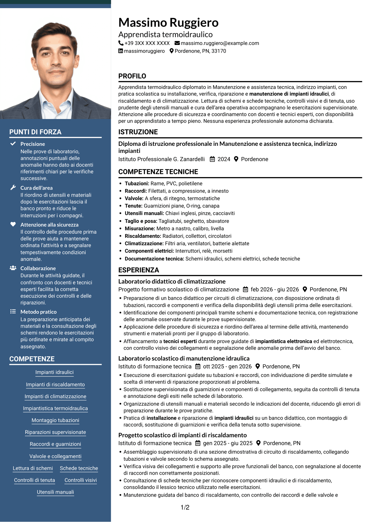 CV Signature (formato con colonna laterale colorata e foto grande): Apprendista termoidraulico, pagina 1