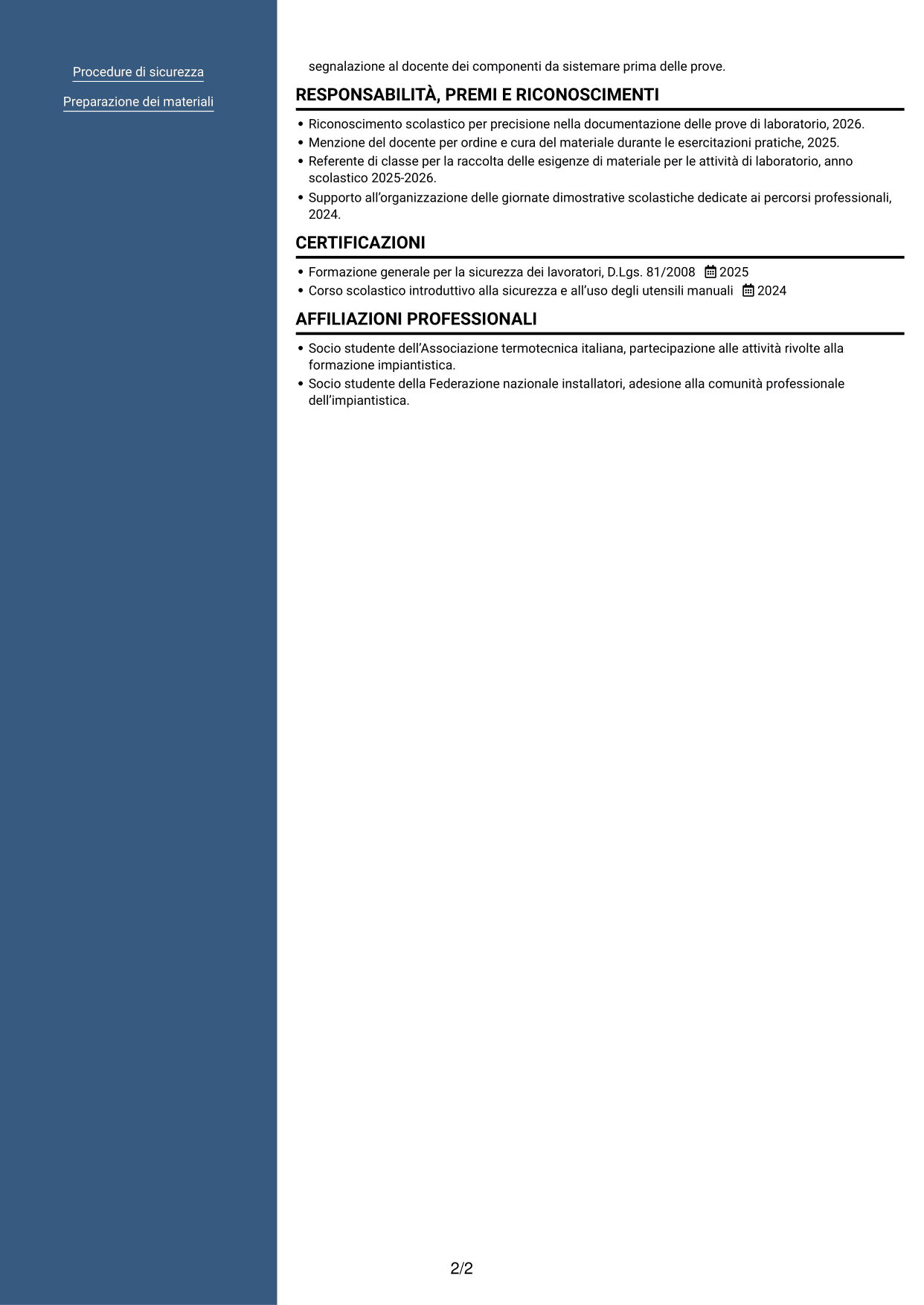 CV Signature (formato con colonna laterale colorata e foto grande): Apprendista termoidraulico, pagina 2