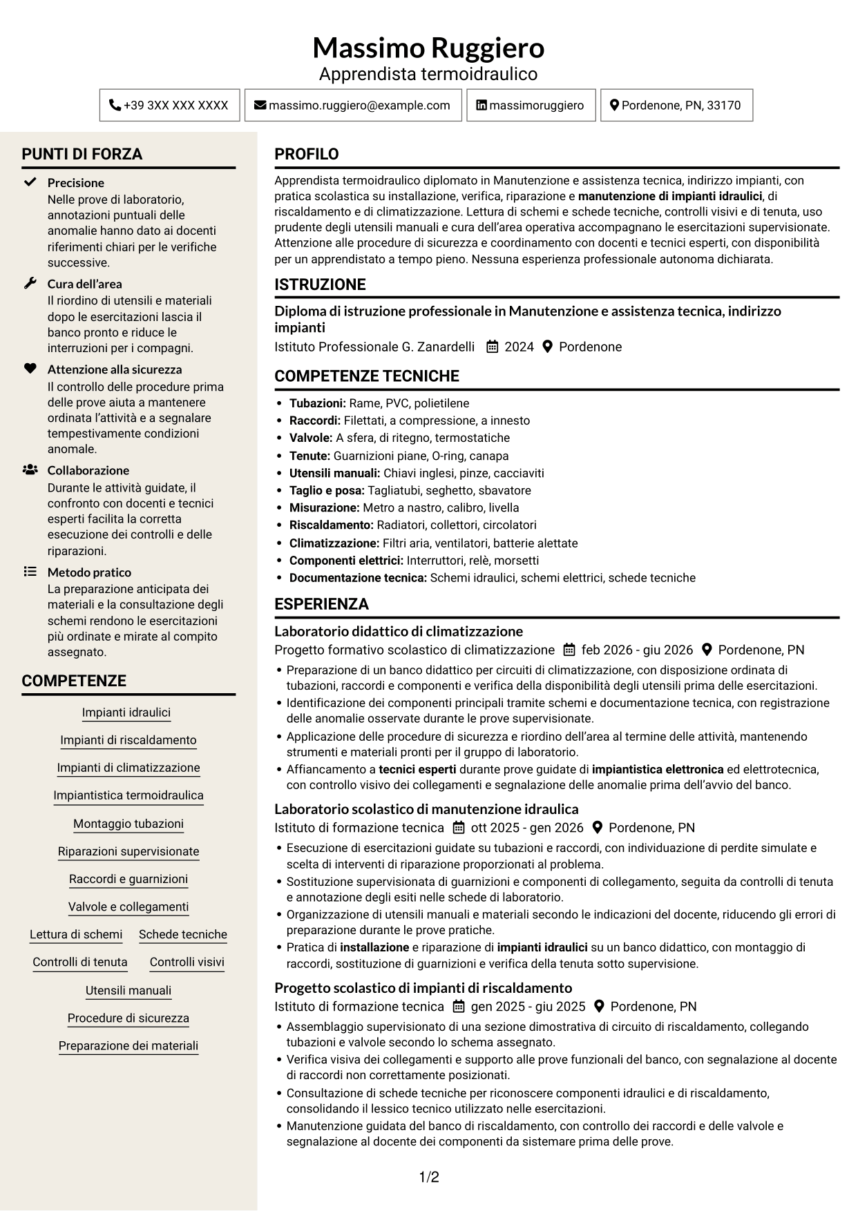 CV Intraprendente (formato a due colonne con intestazione centrata senza foto): Apprendista termoidraulico, pagina 1